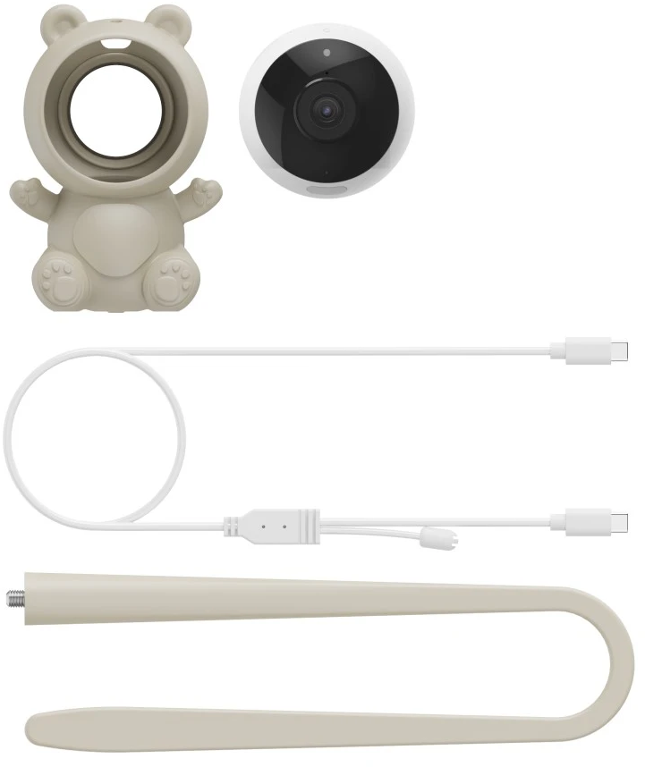 Bärentelefonhalterung, Kamera, USB-Kabel und biegsamer Ständer auf weißem Hintergrund.