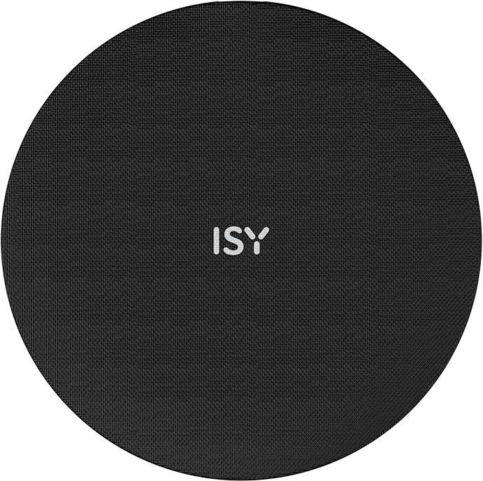 Egy kerek, fekete hangszórórács texturált szövetfelülettel, közepén a fehér "ISY" felirattal.