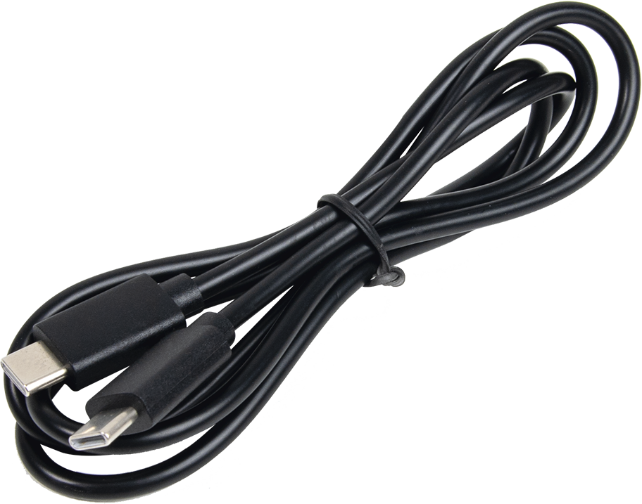 Egy összegöngyölve fekete USB-C kábel fekete háttér előtt.