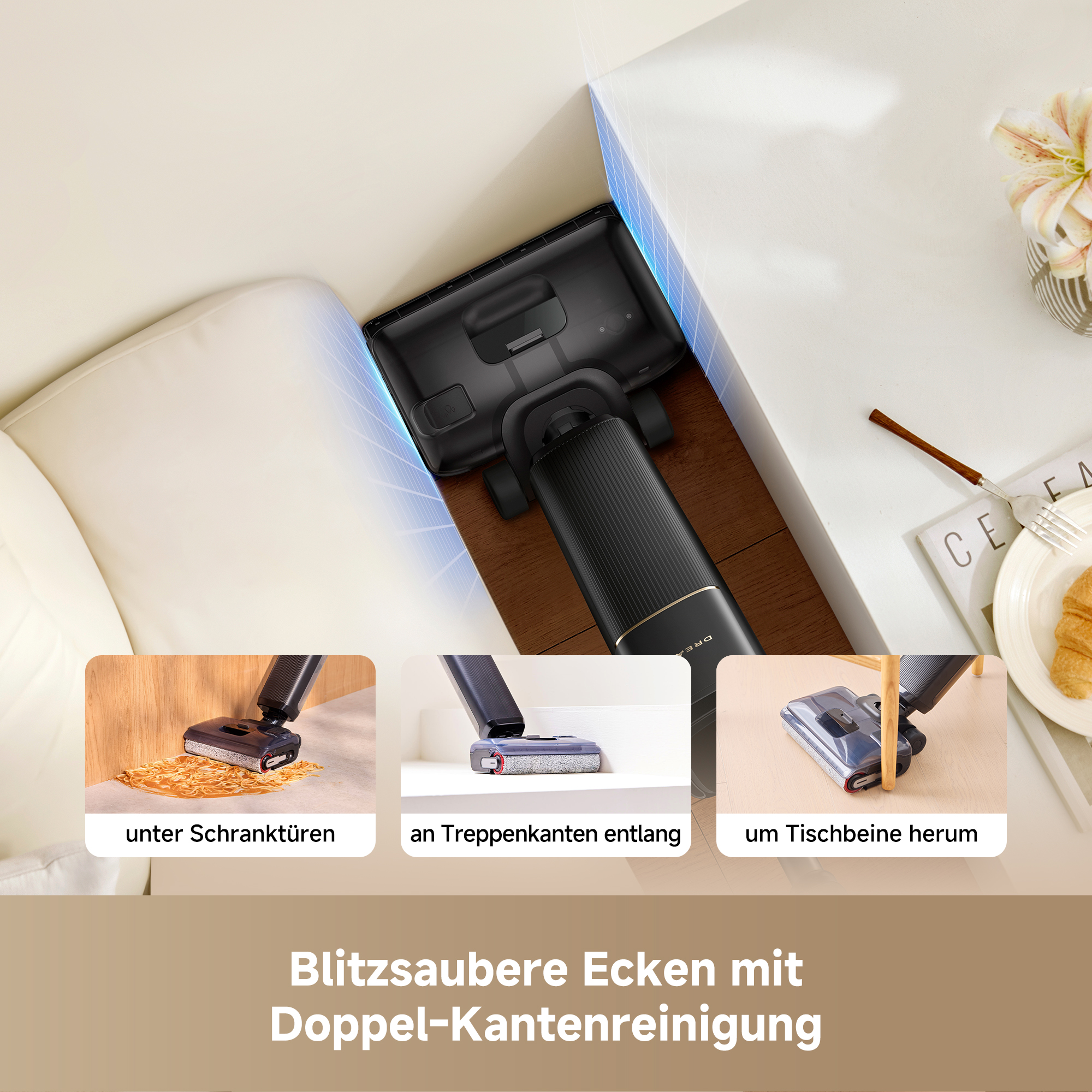 Ein schwarzer Staubsauger reinigt präzise in Ecken, an Kanten und um Möbelbeine.
