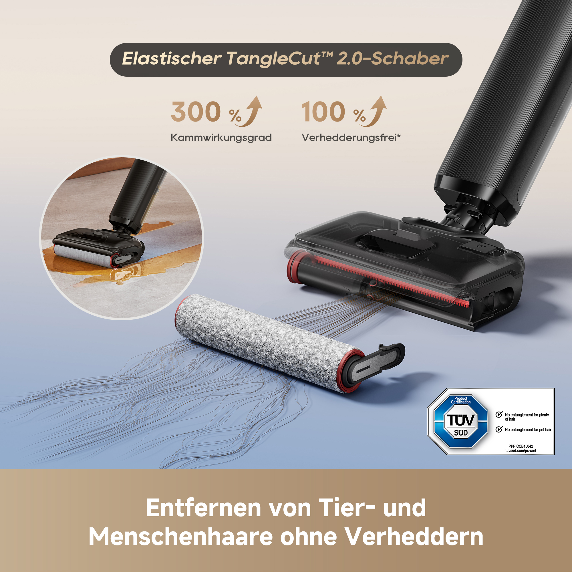 Diagramm zeigt den TangleCut Schaber mit Haarentfernung ohne Verheddern und TÜV-Zertifizierung.