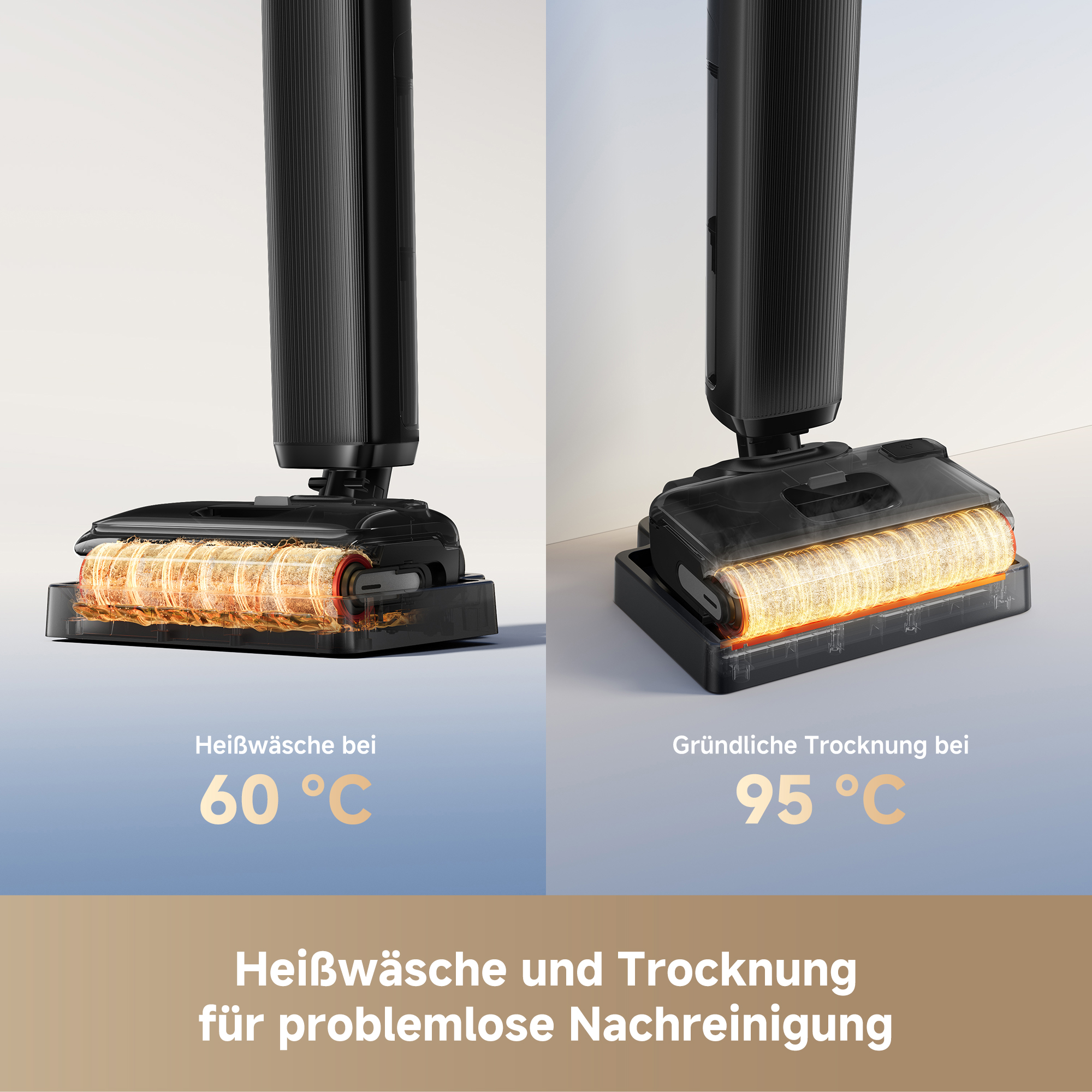 Staubsaugerkopf mit Heißwäsche bei 60°C und Trocknung bei 95°C auf einer Ladestation.