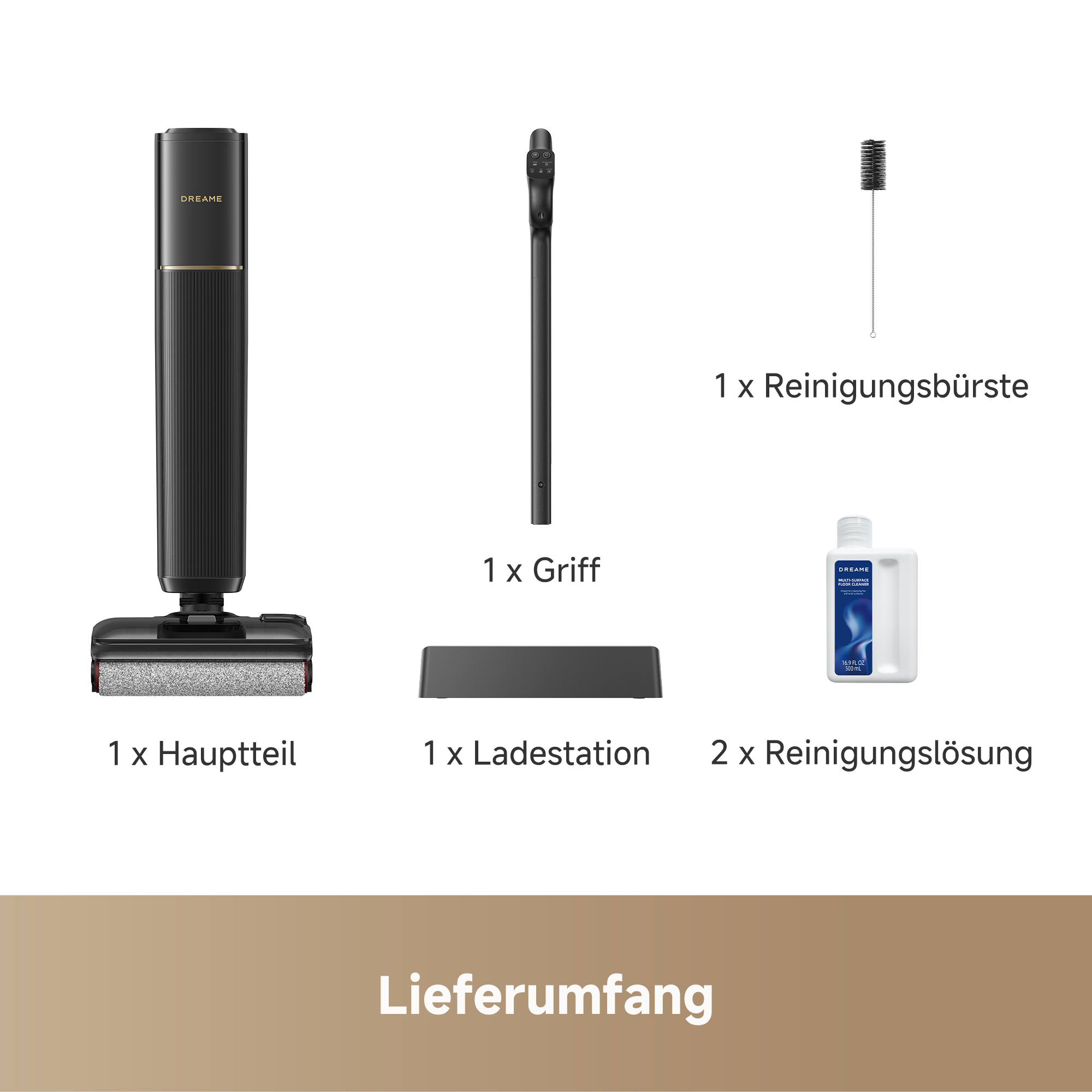Lieferumfang des Staubsaugers mit Hauptteil, Griff, Ladestation, Reinigungsbürste und zwei Reinigungslösungen.