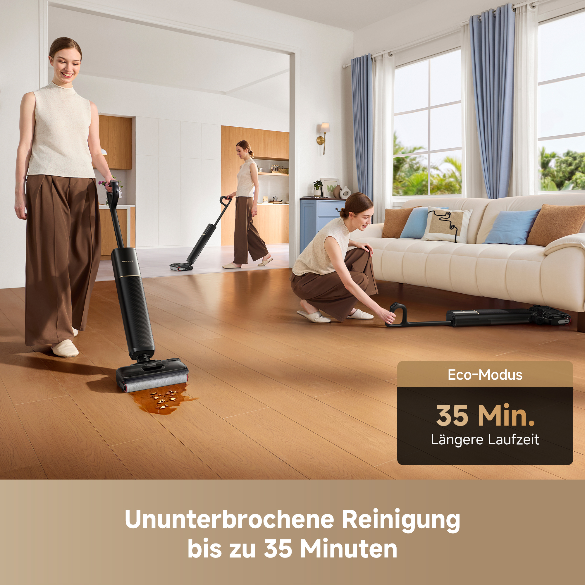 Eine Frau nutzt einen kabellosen Nass-Trockensauger im hellen Wohnzimmer für eine 35-minütige Reinigung.