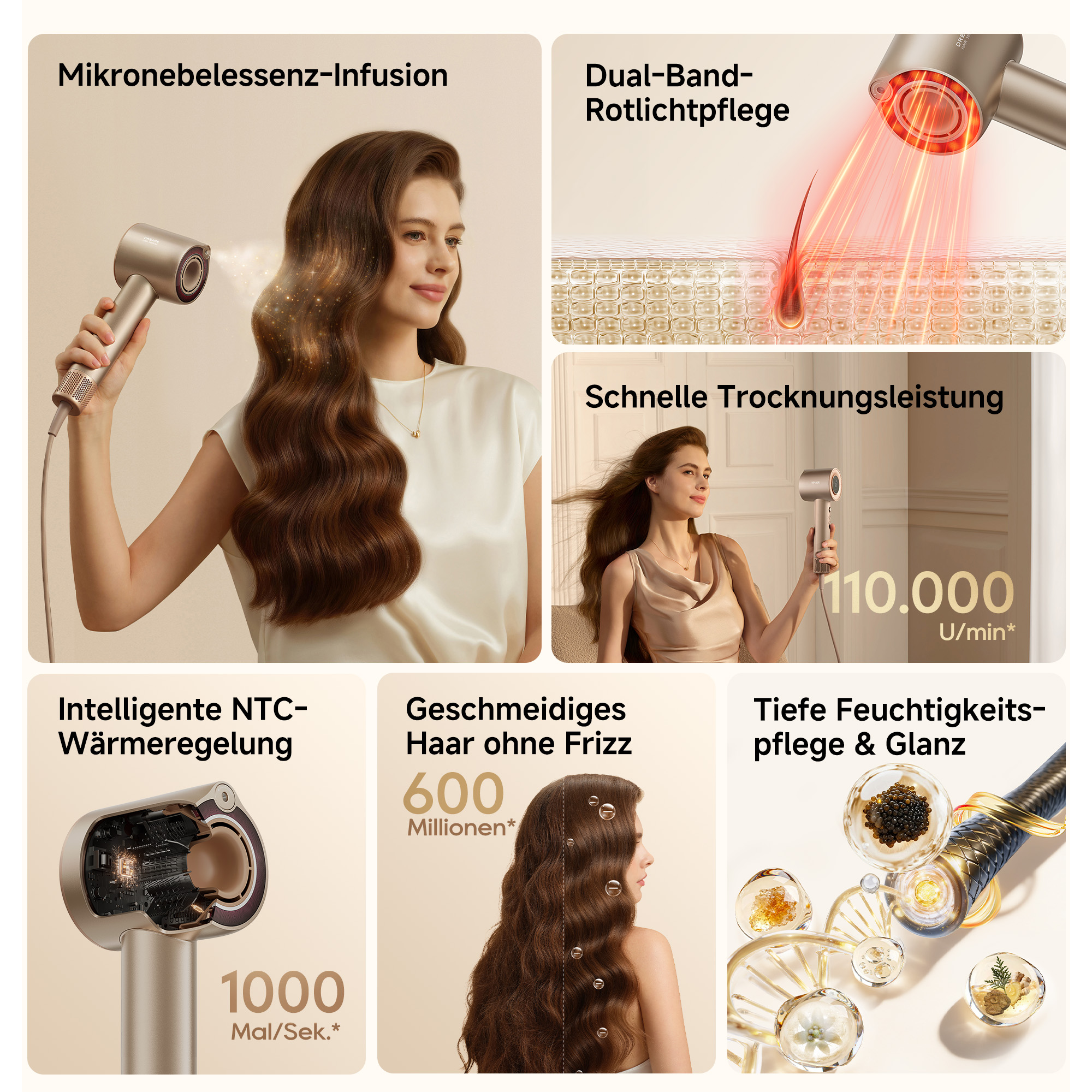 Produktmerkmale eines goldenen Haartrockners mit Frau, Rotlichtpflege und Temperaturregelung.