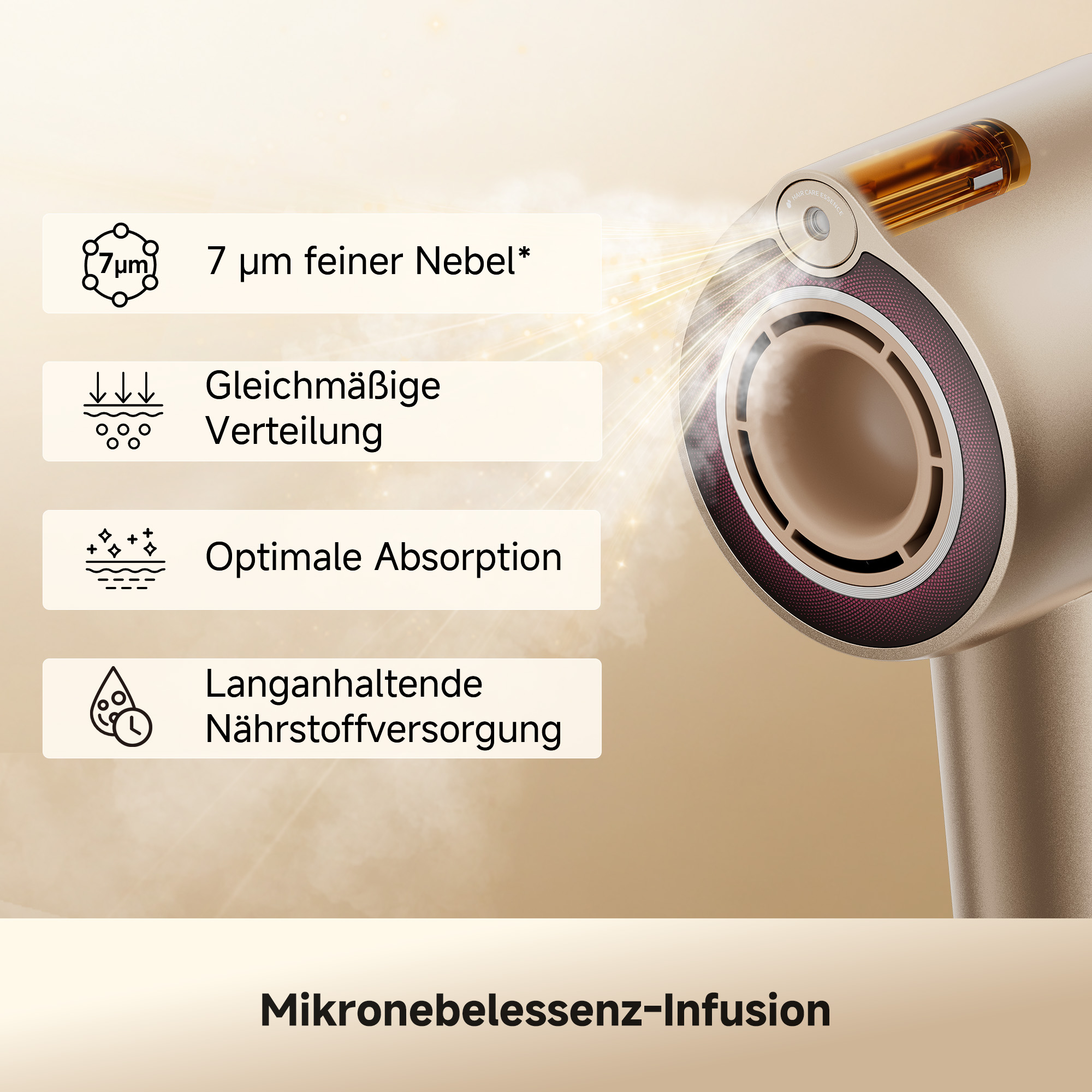 Ein goldener Haartrockner sprüht feinen Nebel, begleitet von vier Infoboxen mit Texten in deutscher Sprache.