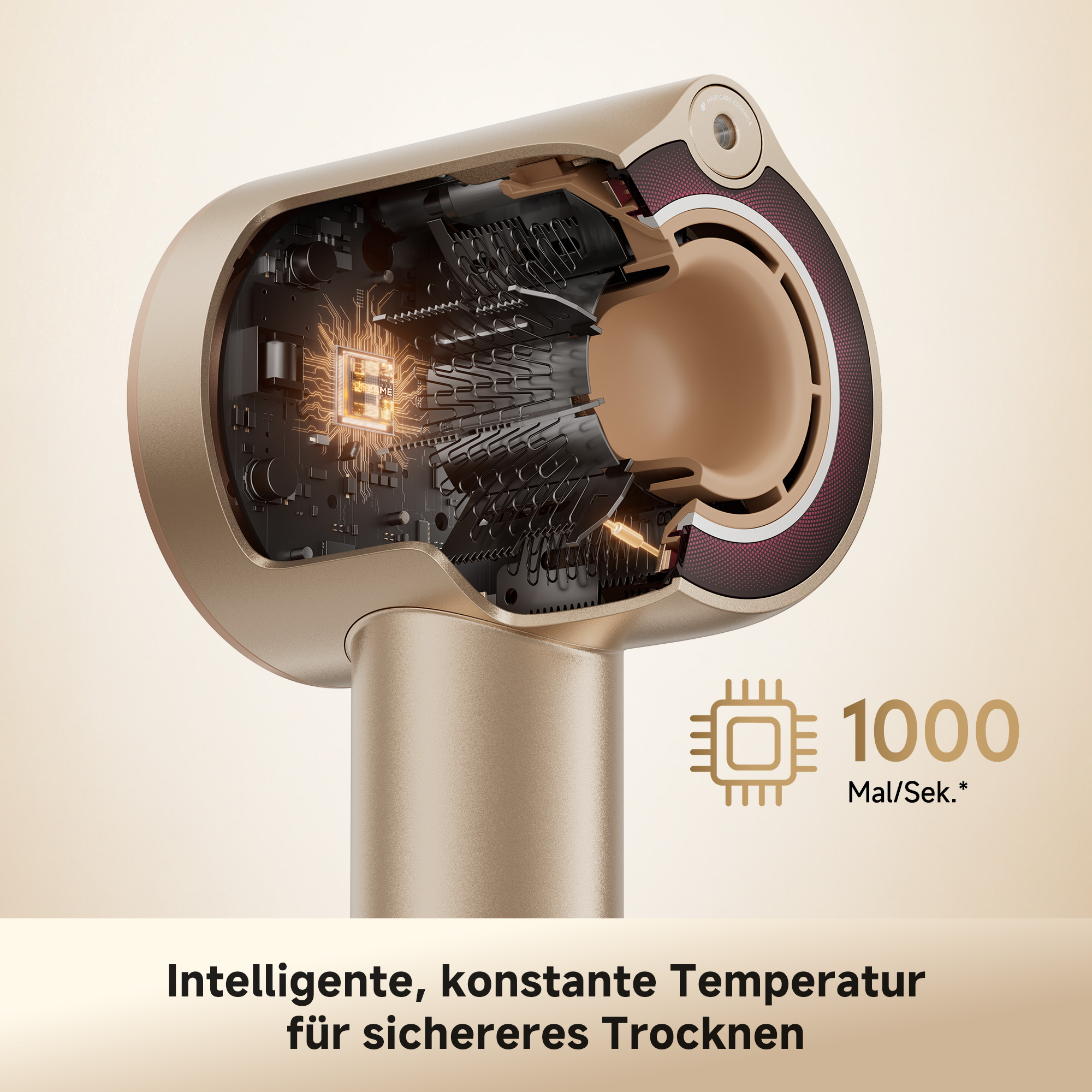Querschnitt eines goldenen Haartrockners mit sichtbarem Chip und Heizelementen.