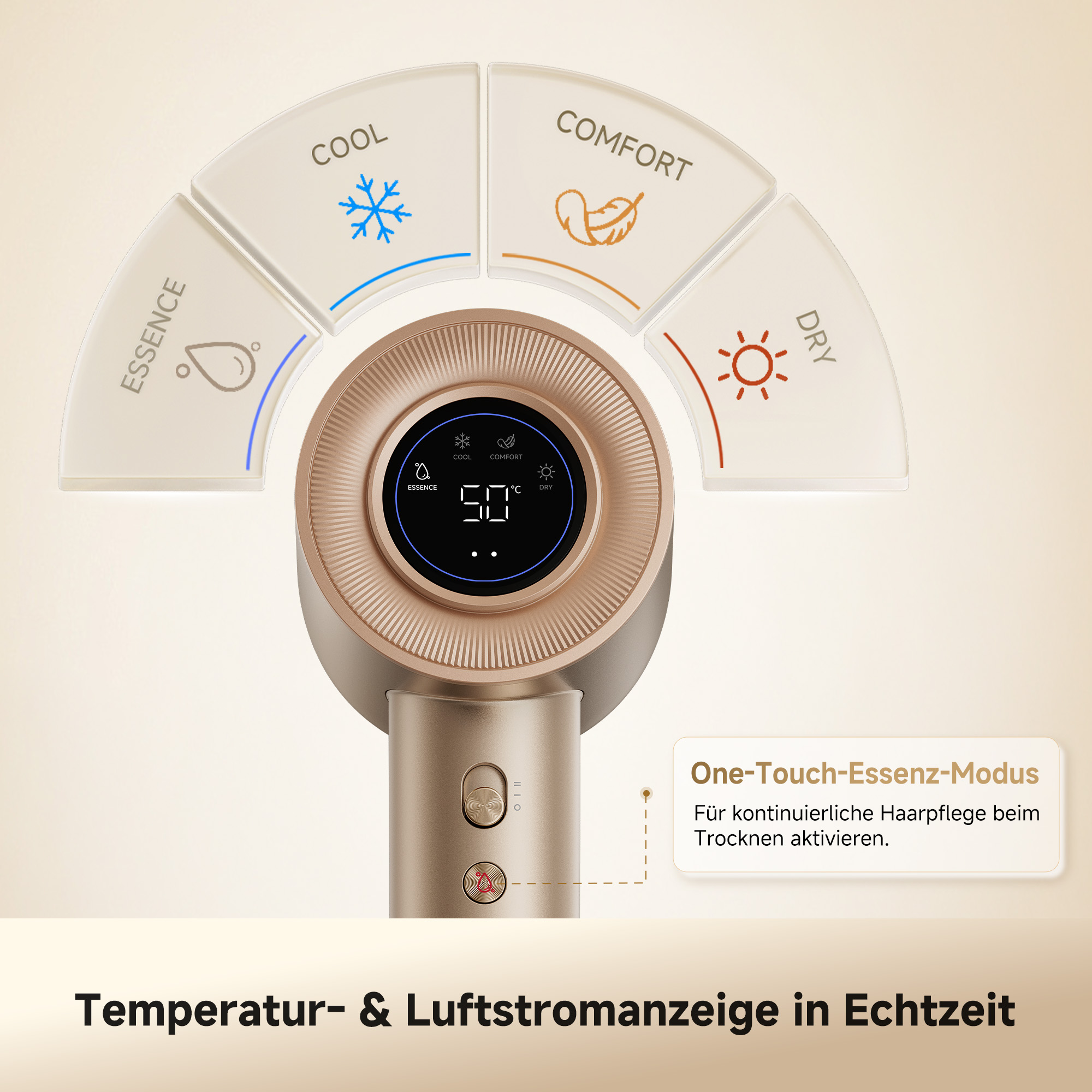 Goldener Haartrockner mit digitaler Temperaturanzeige und vier Modusoptionen: Essence, Cool, Comfort und Dry.