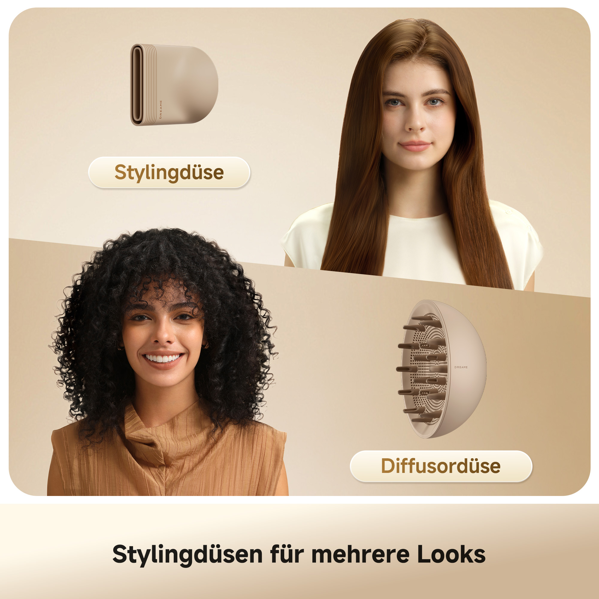 Zwei Frauen mit unterschiedlichen Haarlivestyle und zwei verschiedene Haartrockneraufsätze mit Beschriftung.