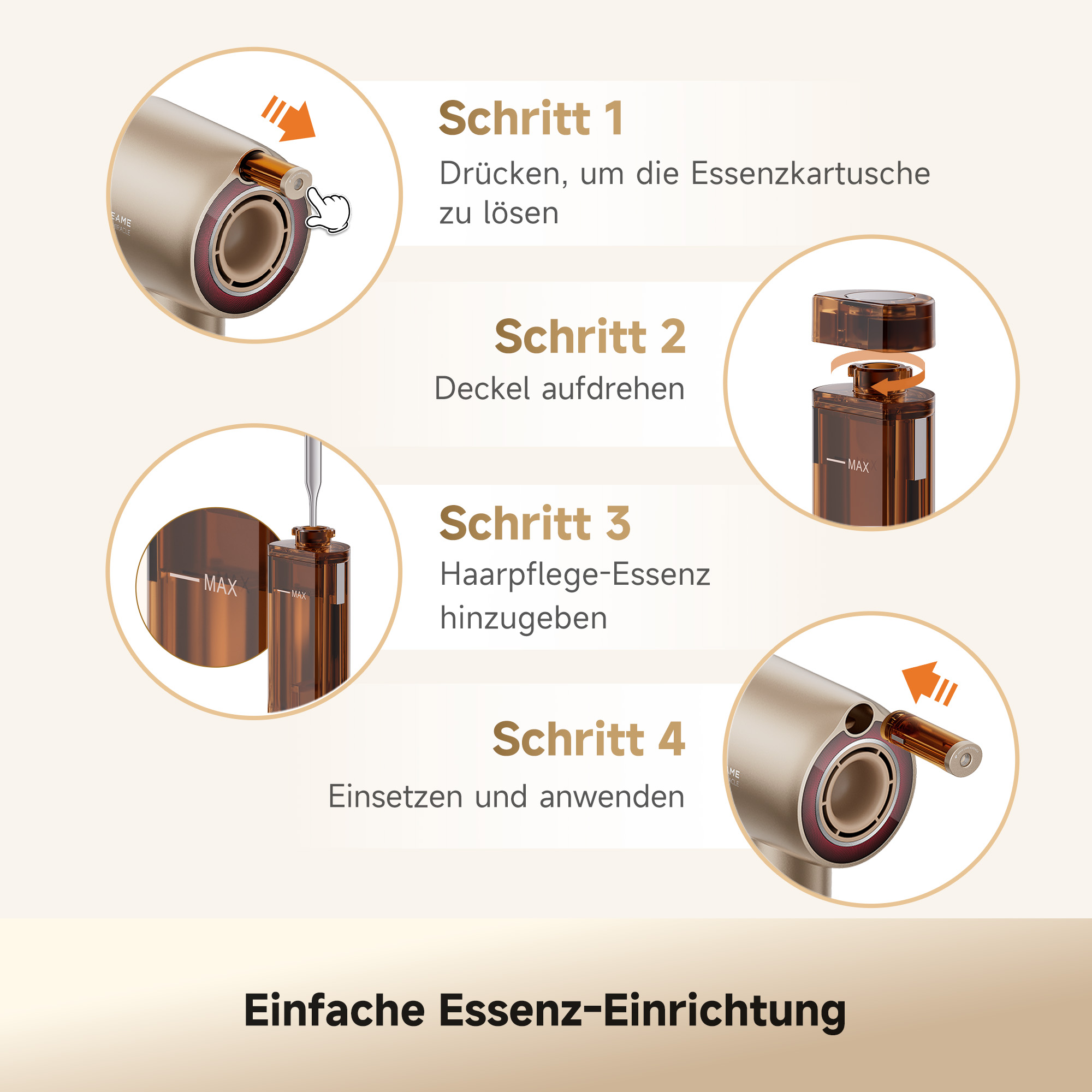 Vier Schritte zur Installation einer Haarpflege-Essenzkartusche in einem Haartrockner.