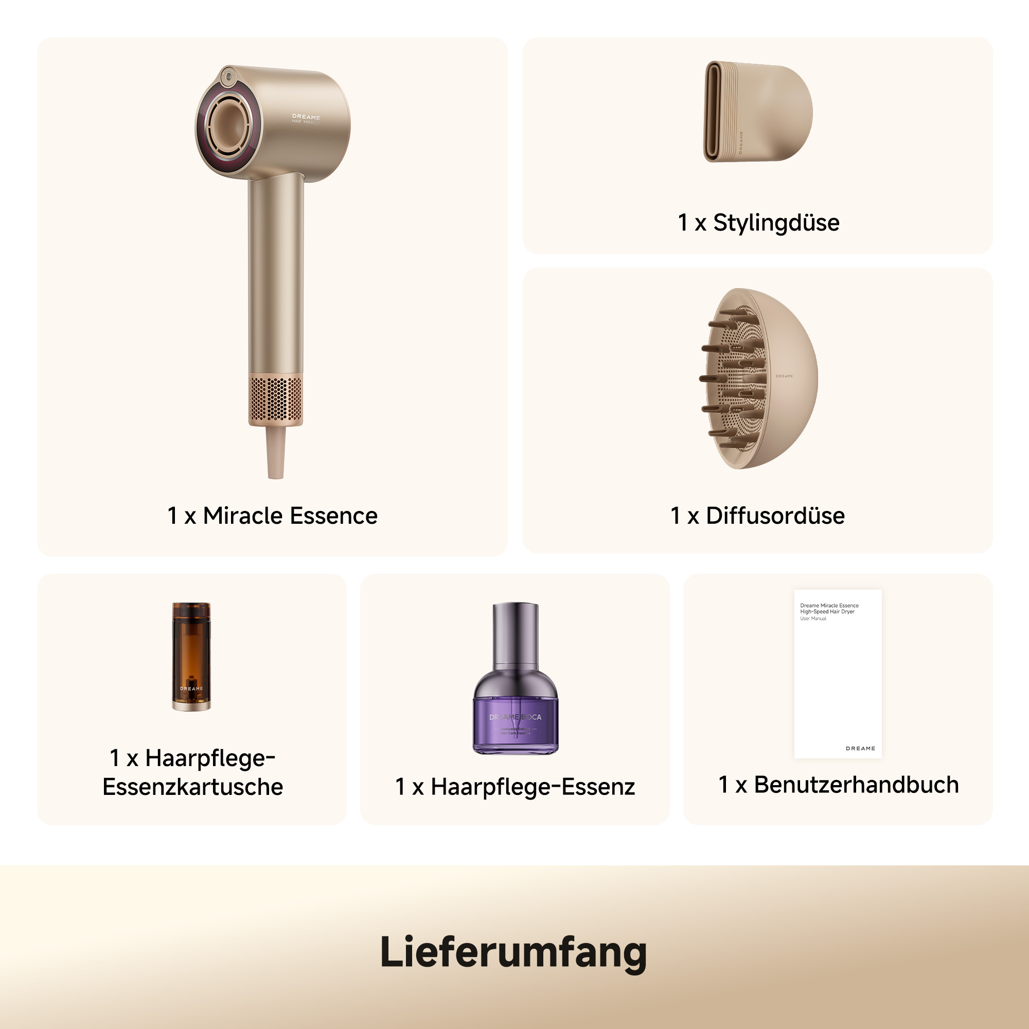 Goldenes Dreame Haartrockner-Set mit Stylingdüse, Diffusor, Essenzkartusche, Essenzflasche und Handbuch.