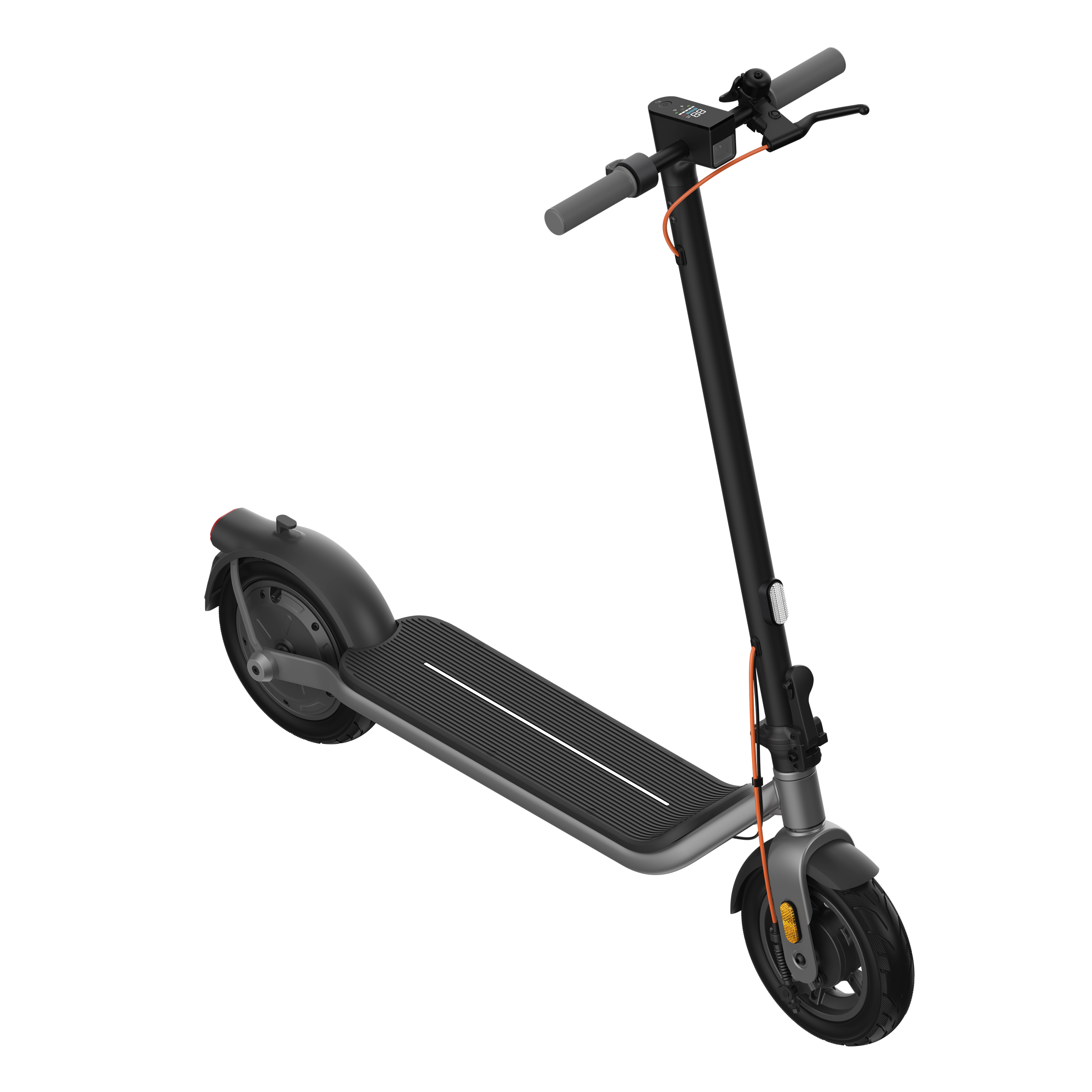 Egy modern fekete elektromos roller fekete háttérrel, narancssárga díszítéssel és digitális kijelzővel.