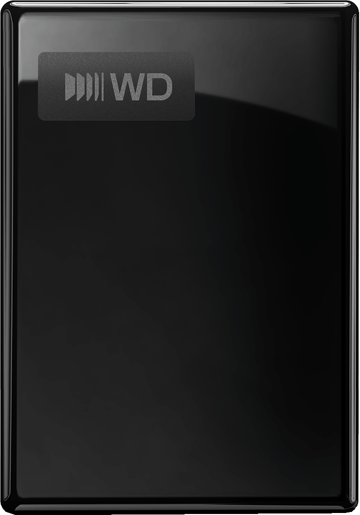 Eine glänzende schwarze externe WD-Festplatte mit dem WD-Logo in der oberen linken Ecke.