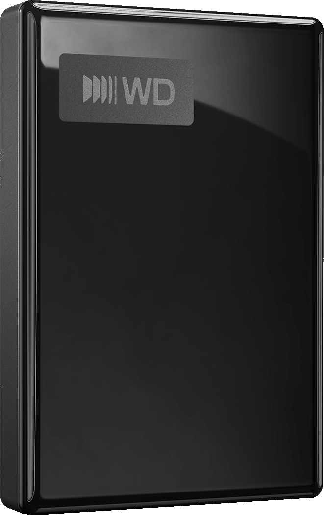 Schwarze externe WD-Festplatte mit glänzender Oberfläche und silbernem Logo.