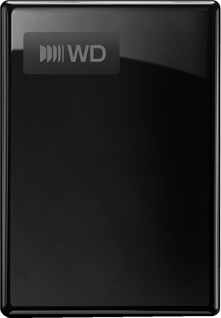 Ein glänzendes schwarzes WD-Festplattengehäuse mit weißem Logo in der oberen linken Ecke.