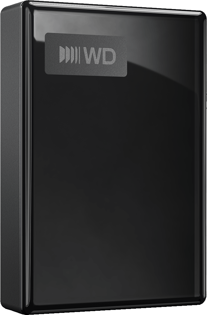 Glänzende schwarze WD externe Festplatte mit grauem Logo auf der Vorderseite.