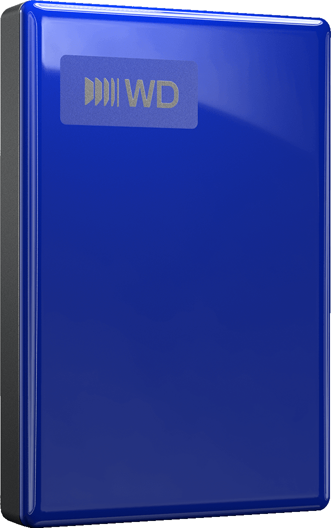 Eine glänzende blaue externe Festplatte mit dem silbernen WD-Logo in der oberen linken Ecke.