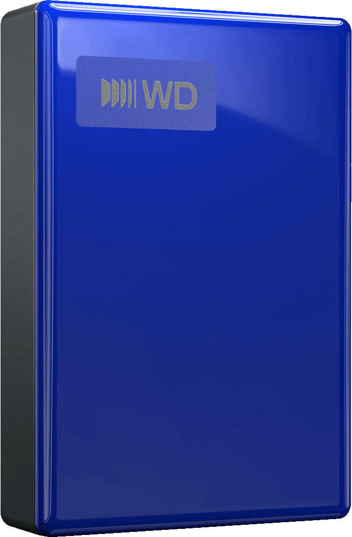 Eine glänzende, blaue Western Digital Festplatte mit schwarzem Rand und grauem WD-Logo.