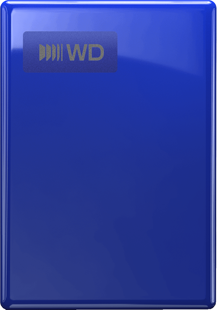 Eine glänzende, blaue Western Digital (WD) Festplatte mit Logo.