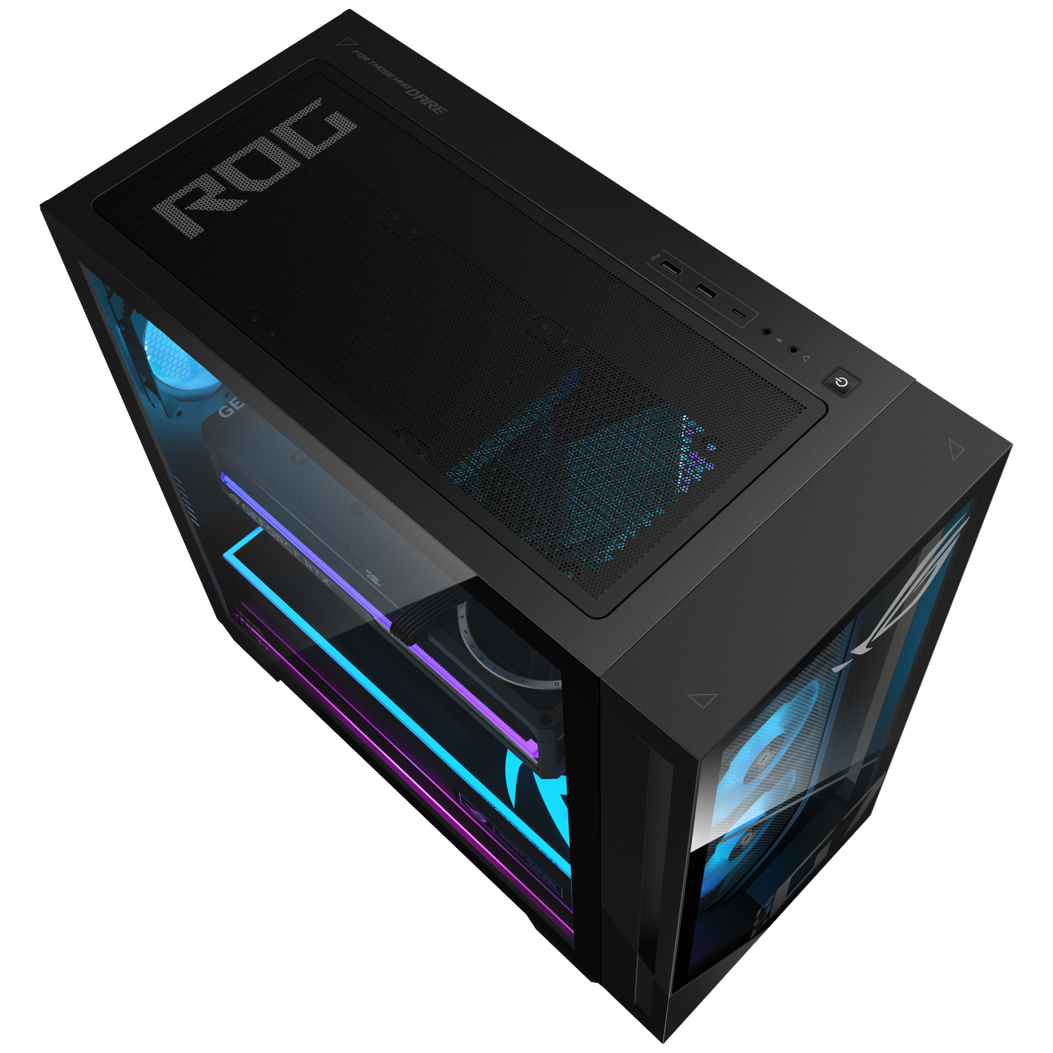Black ROG PC tower featuring blue internal lighting and a glass side panel.