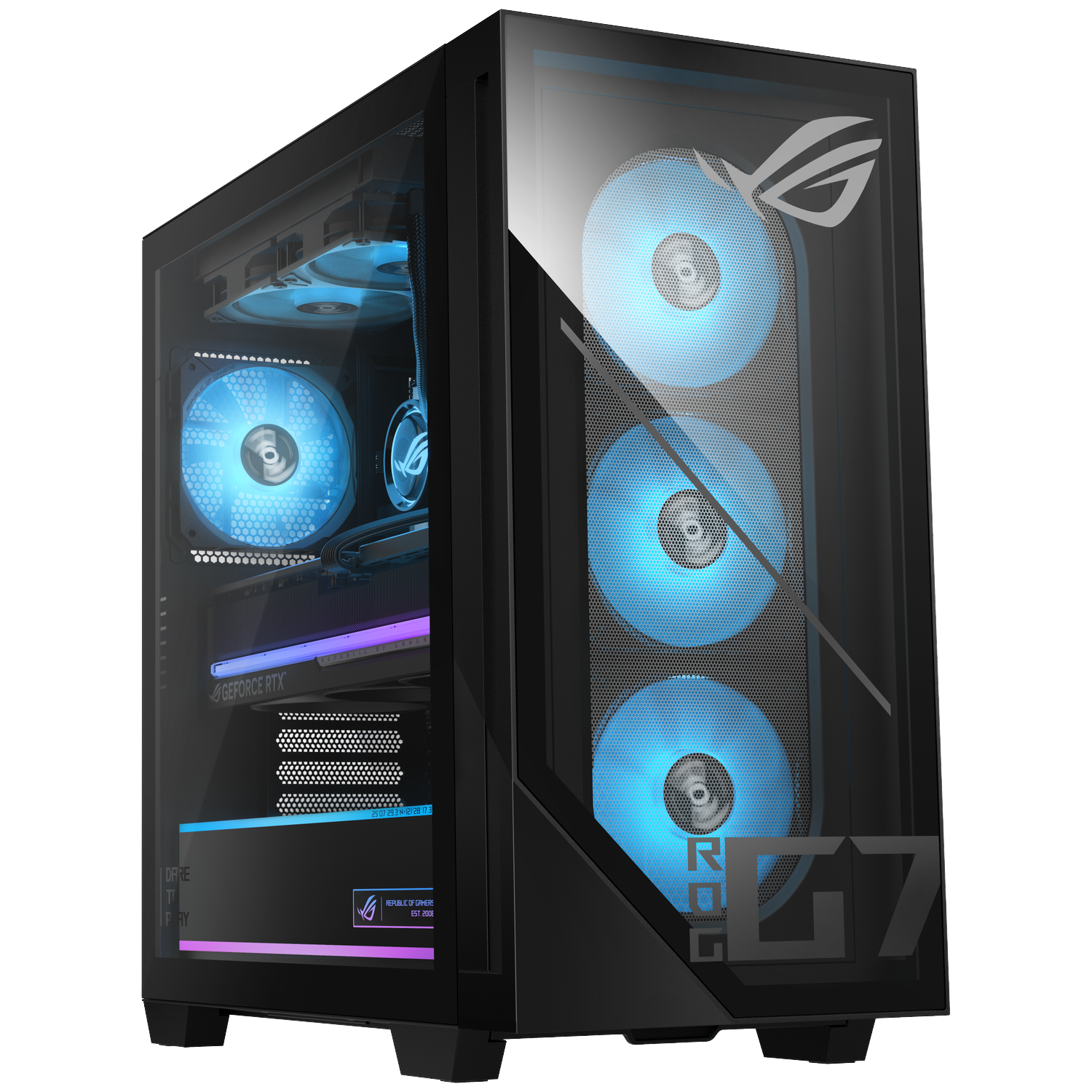 Black gaming PC tower featuring illuminated blue fans and transparent glass panels.