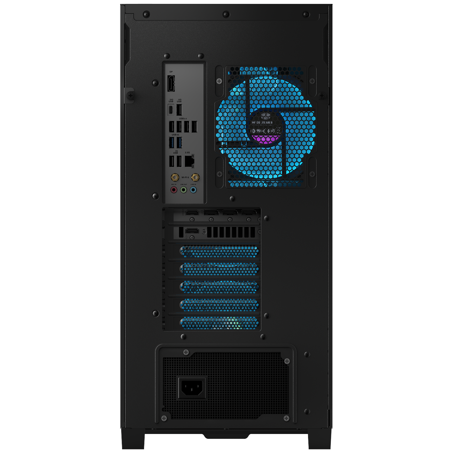 The back of a black PC case showing I/O ports, a blue glowing fan, expansion slots, and the power supply unit.