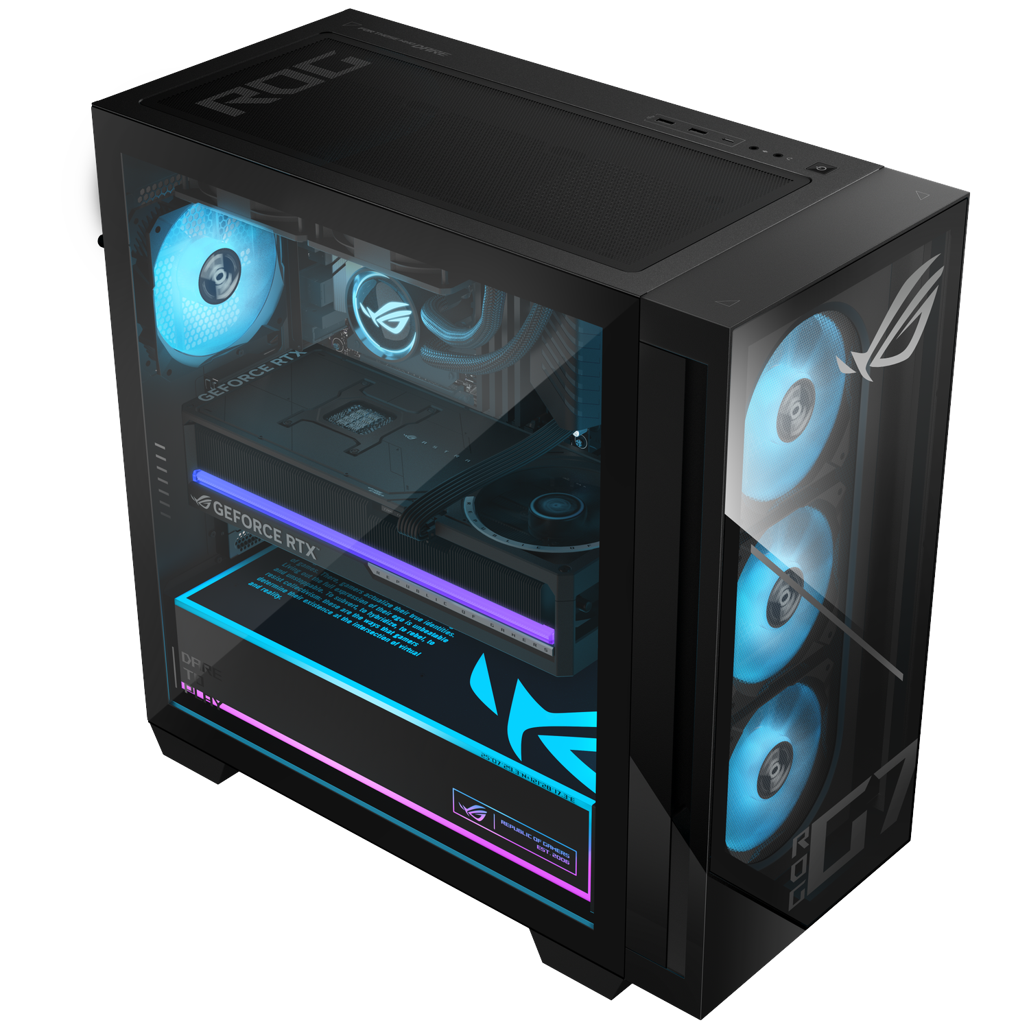 Black ROG gaming PC featuring glowing blue fans and a transparent glass side panel.