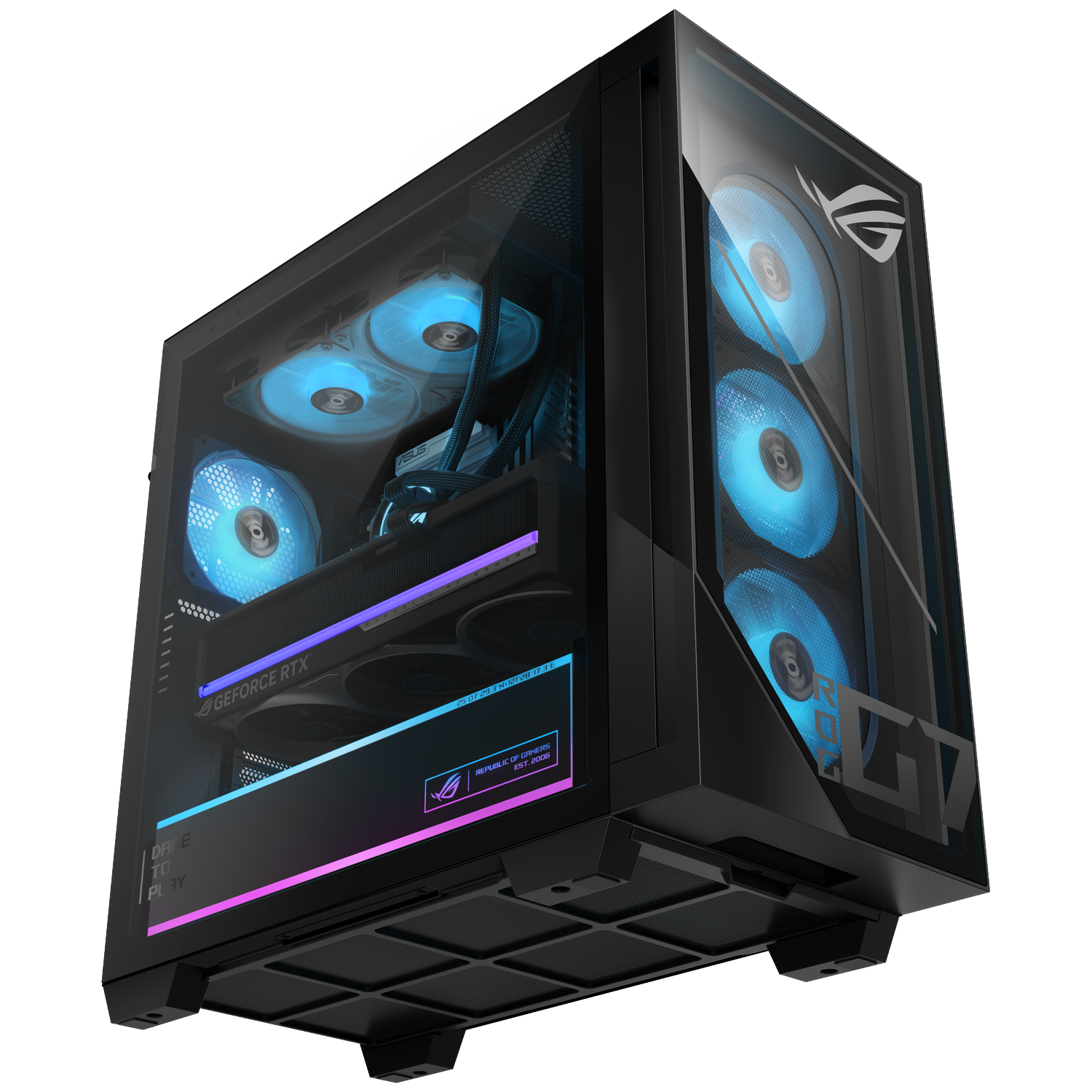 A black gaming PC tower with vibrant blue LED cooling fans and a transparent side panel, set against a black background.