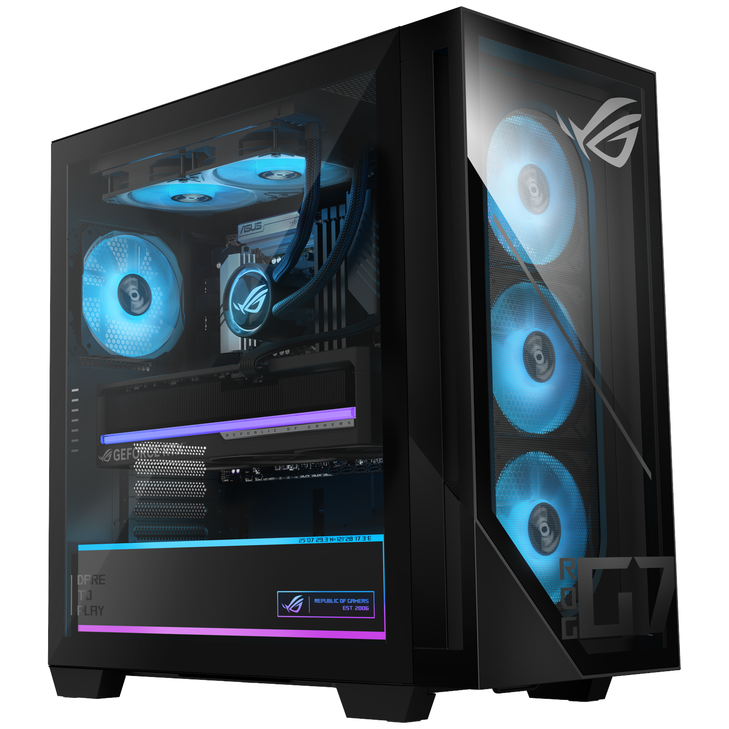 A black gaming PC case with glass panels, glowing blue internal fans, and an illuminated graphics card.