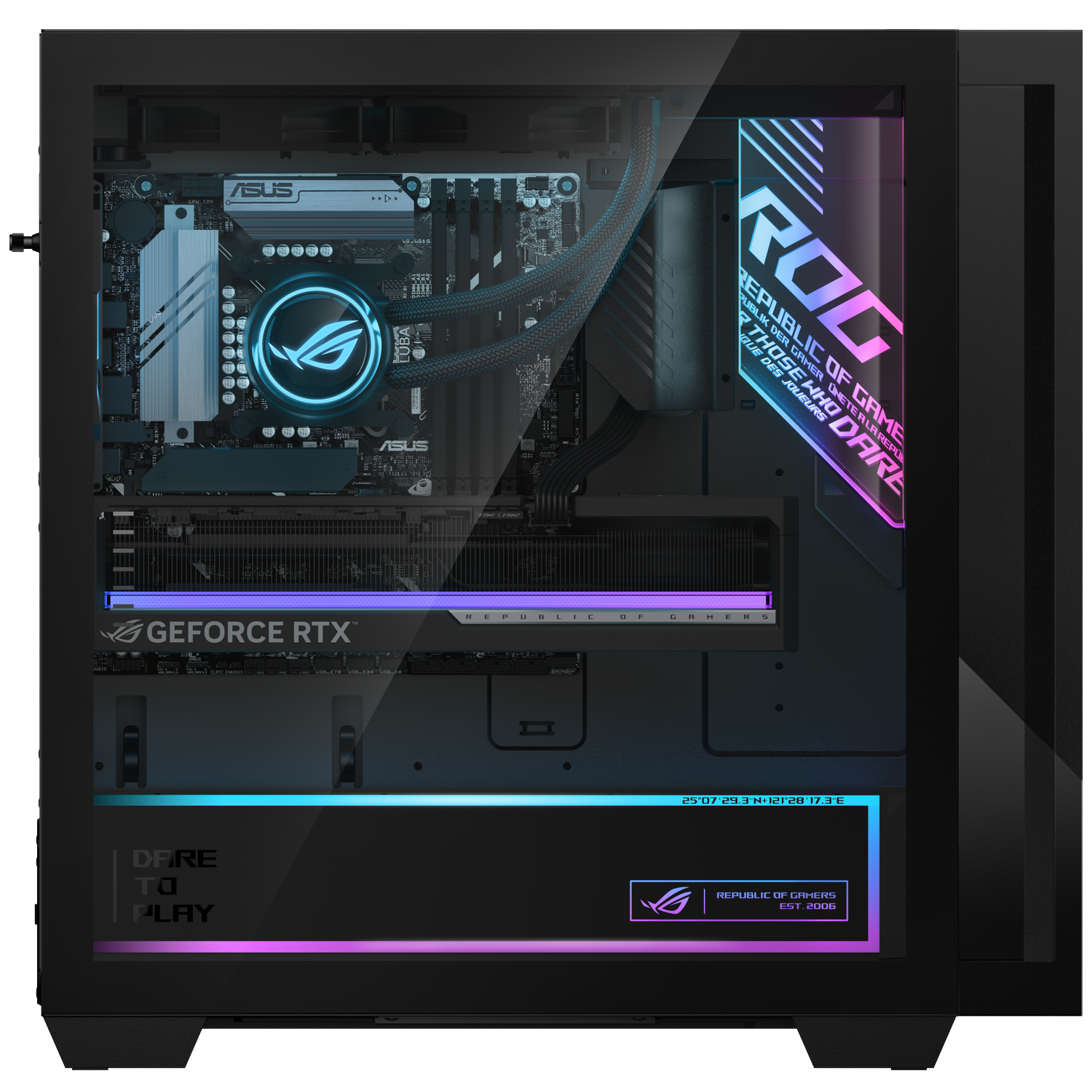 An illuminated gaming PC interior featuring an ASUS motherboard, RTX graphics card, and blue and purple lighting.