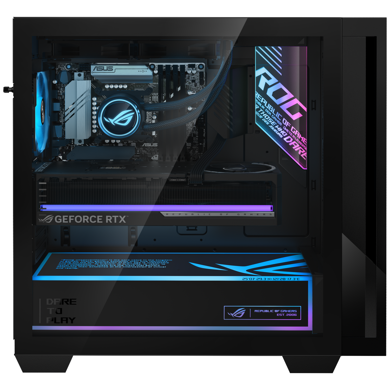 Black PC case with glass side, blue lighting, ASUS motherboard, and ROG graphics card.