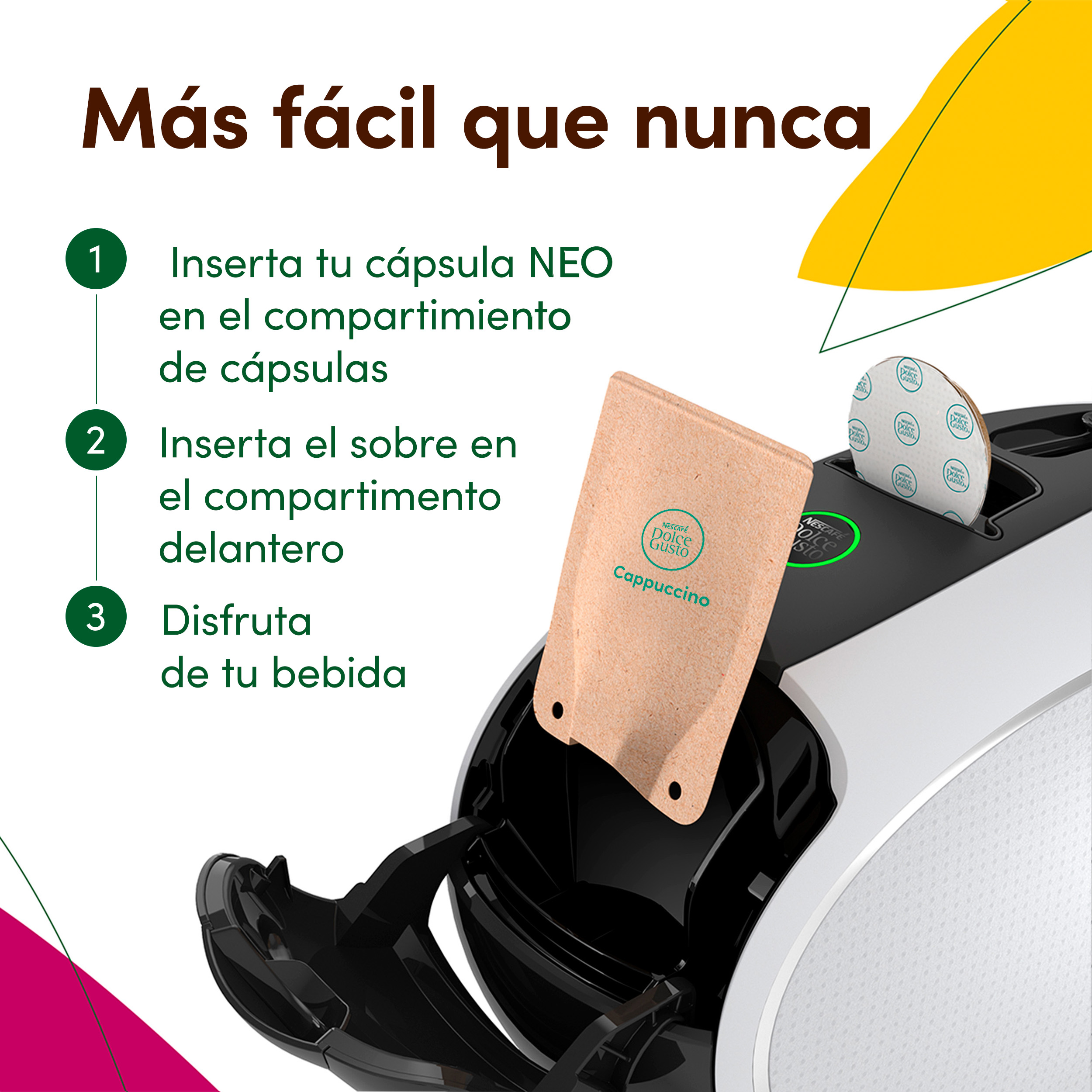 Instrucciones de cafetera de tres pasos con una cápsula y un sobre de cappuccino.