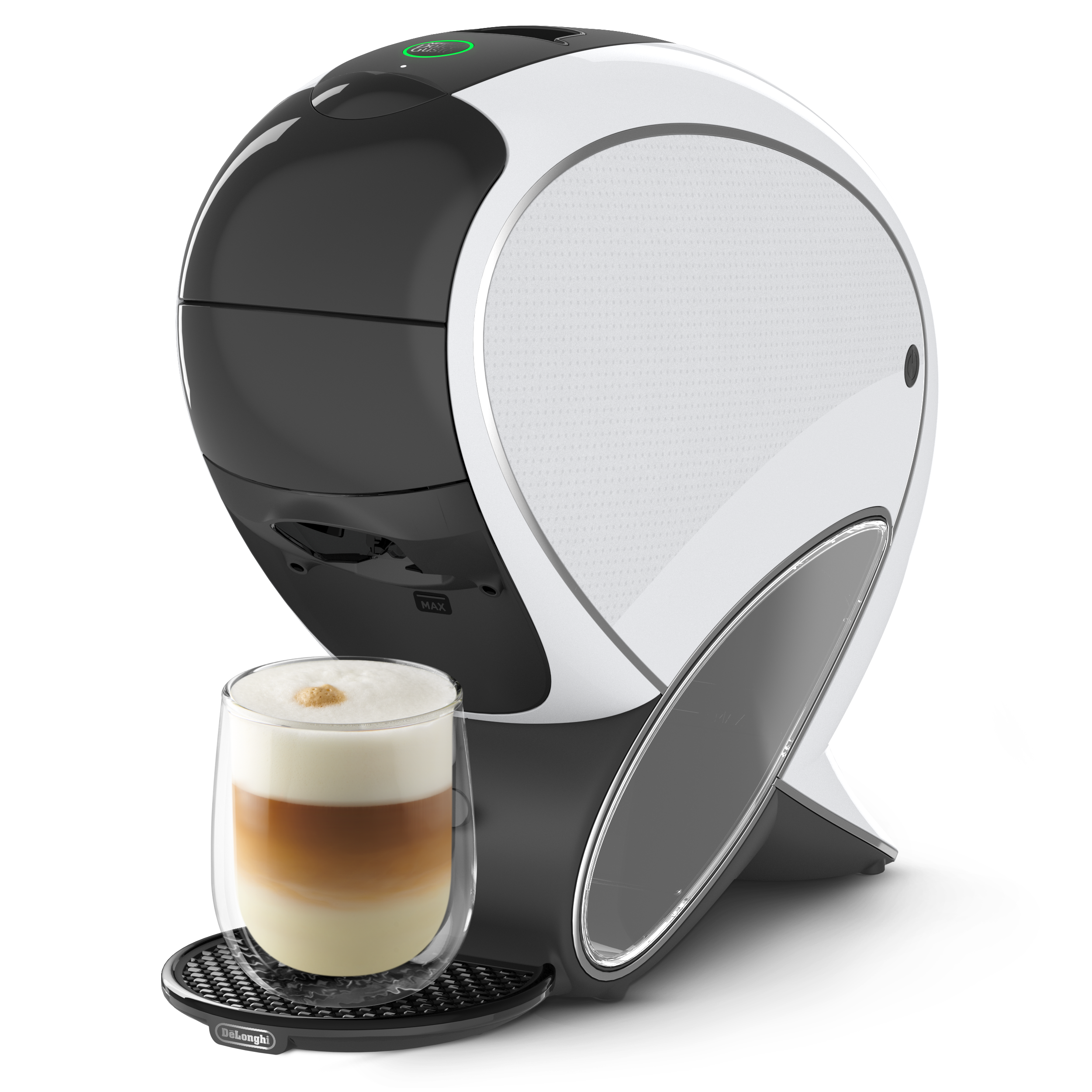 Una moderna cafetera de cápsulas blanca y negra con un vaso de café con leche en una bandeja.