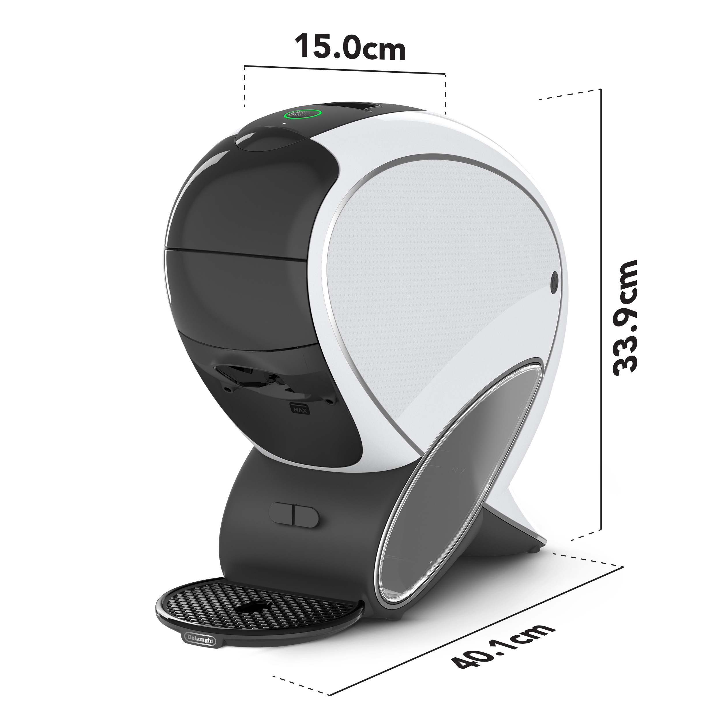 Cafetera moderna blanca y negra con dimensiones: 15.0cm de ancho, 33.9cm de alto y 40.1cm de fondo.