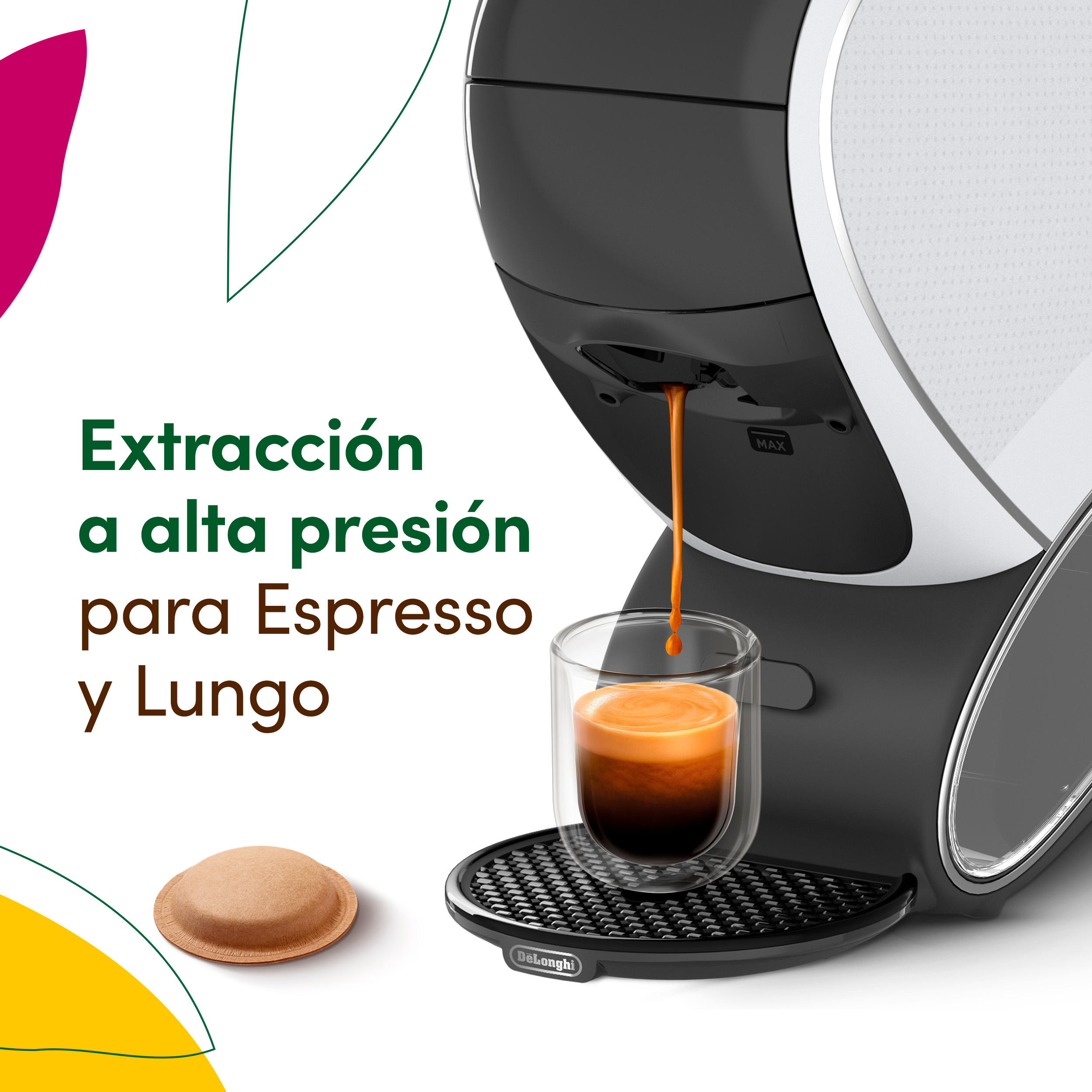 Una cafetera vierte espresso en un vaso, con una monodosis al lado frente a un texto.