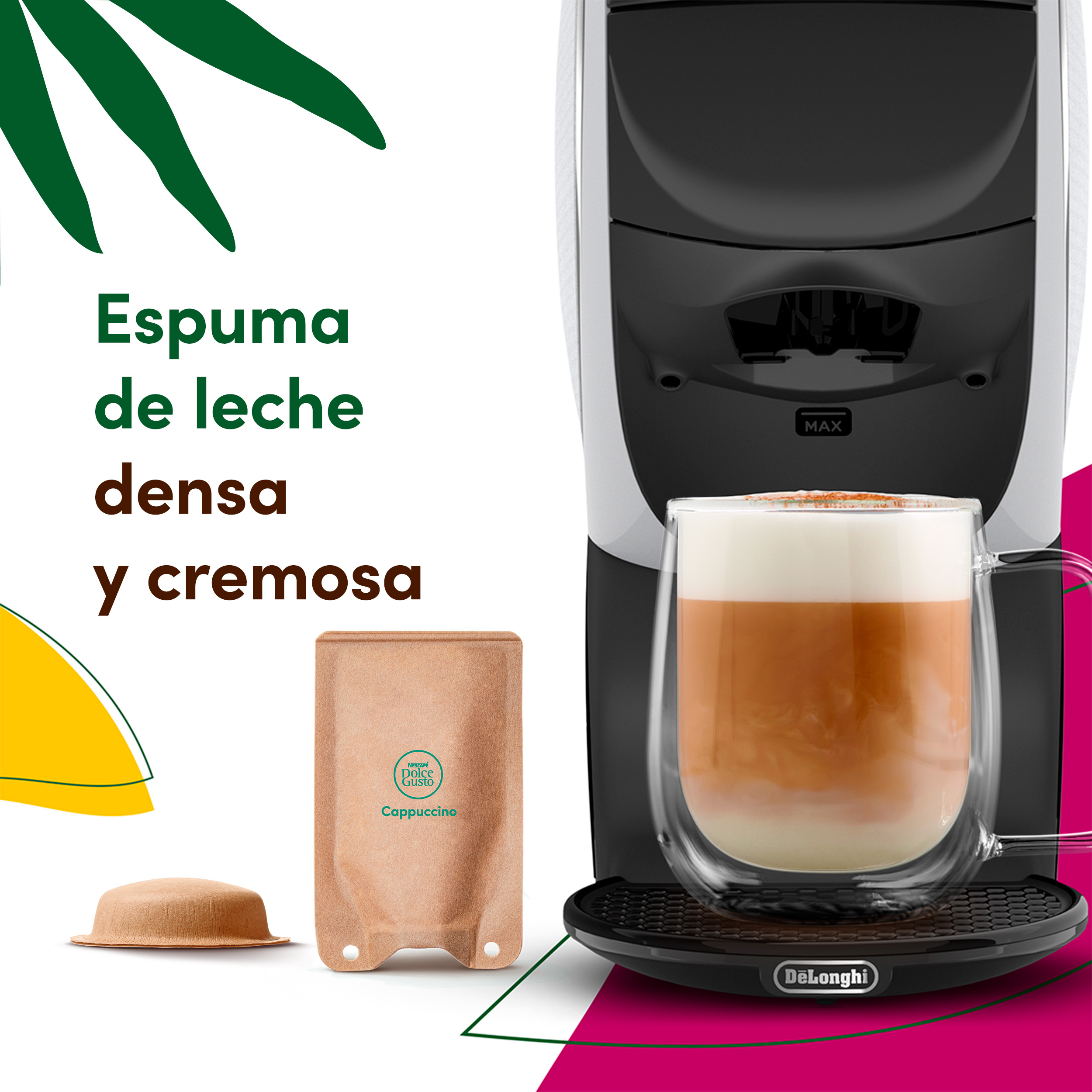 Una cafetera DeLonghi con una taza de capuchino, una cápsula de café y un sobre.