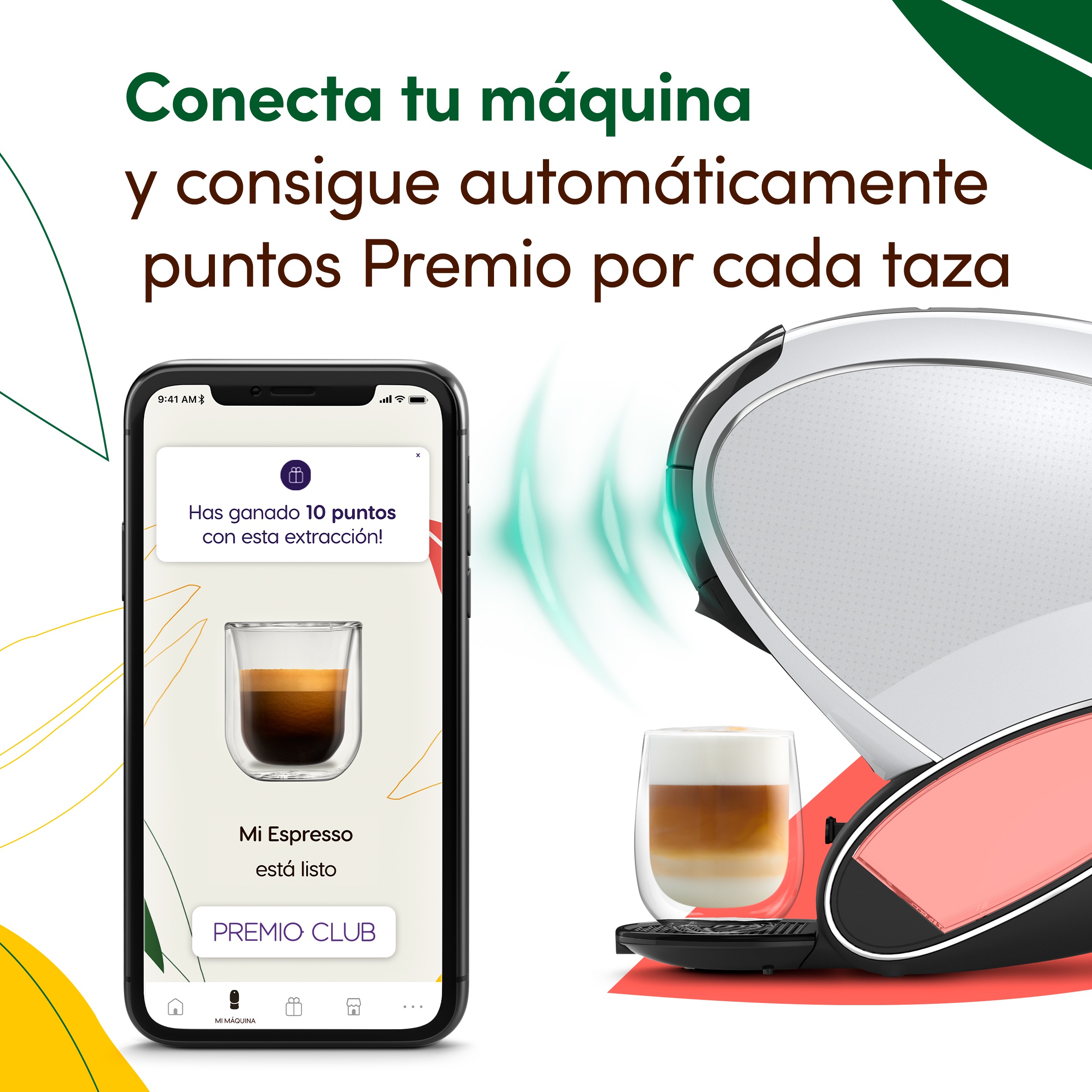 Smartphone mostrando aplicación de cafetera junto a una cafetera conectada con un capuchino.