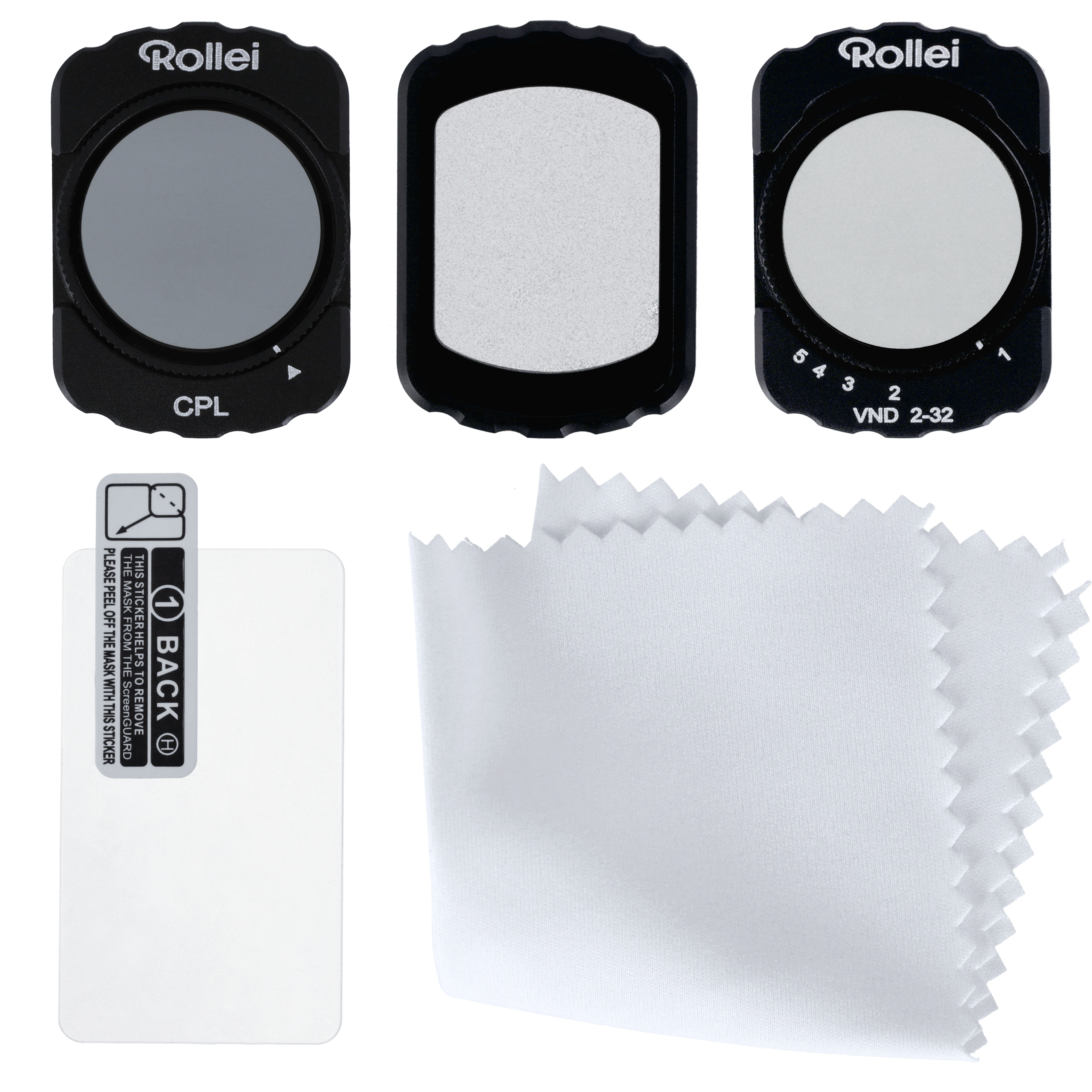 Drei schwarze Rollei-Kamerafilter, eine Displayschutzfolie und ein weißes Mikrofasertuch auf weißem Hintergrund.