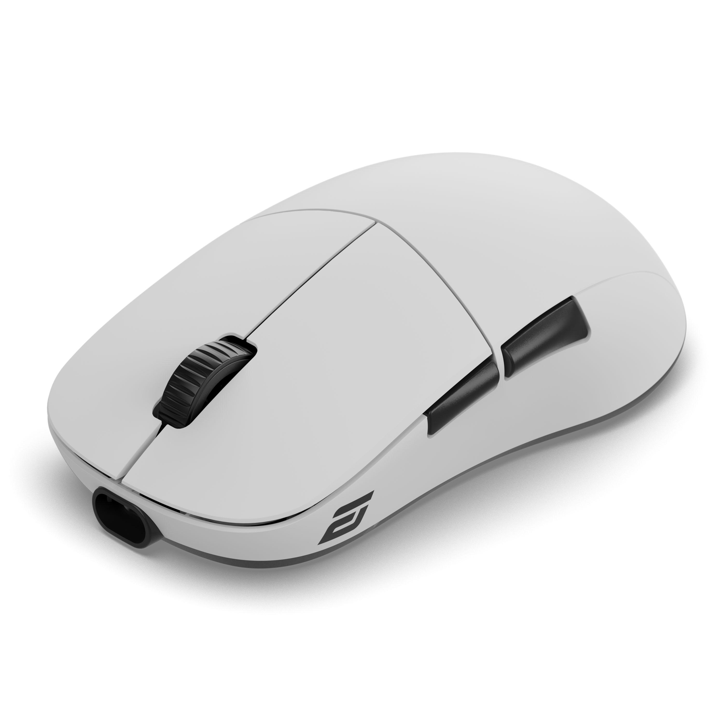 Eine weiße kabellose Gaming-Maus mit schwarzem Mausrad und Seitentasten auf weißem Hintergrund.