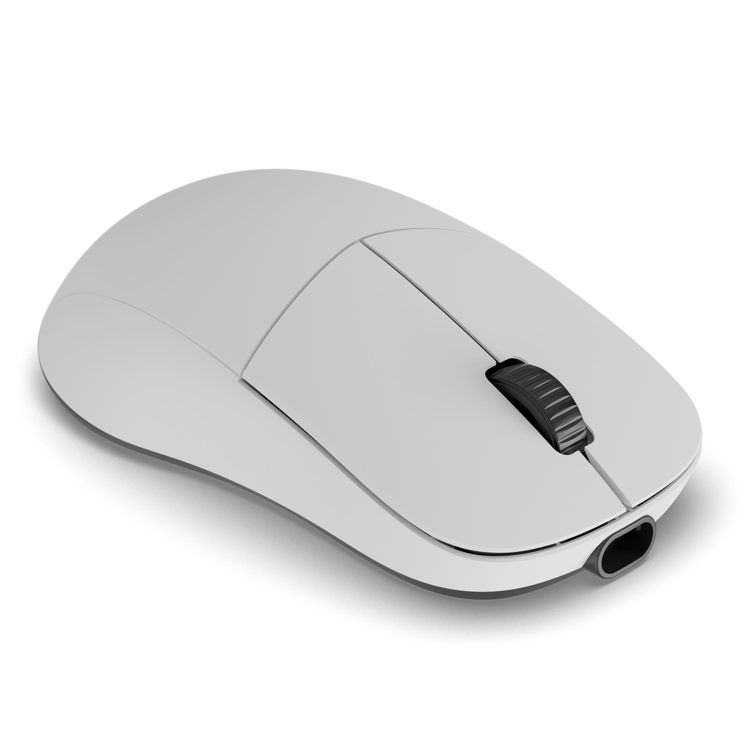 Eine graue Computermaus mit einem schwarzen Scrollrad auf weißem Hintergrund.