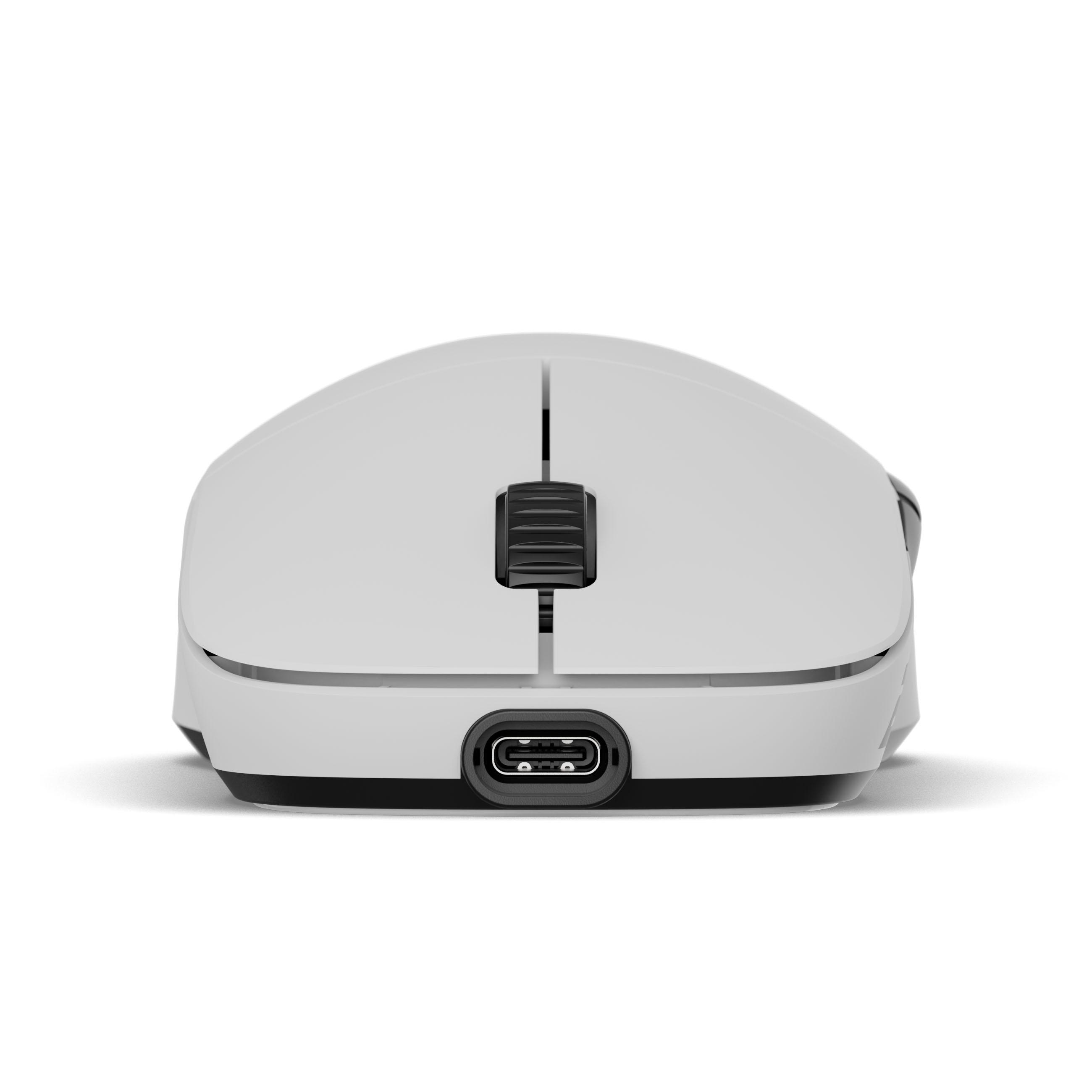 Vorderansicht einer weißen Computermaus mit einem USB-C-Anschluss unten und einem schwarzen Scrollrad.