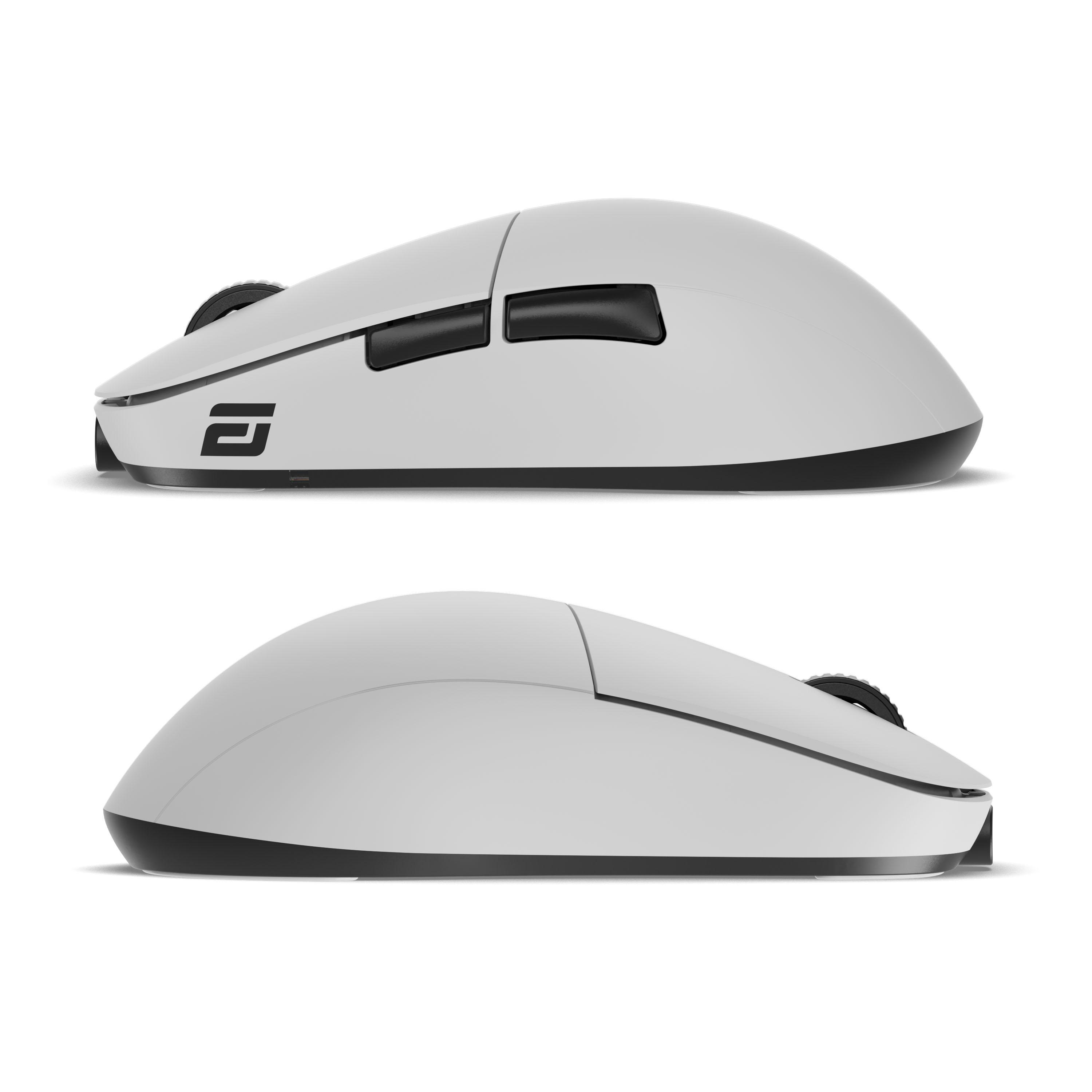 Zwei Ansichten einer weißen und schwarzen kabellosen Gaming-Maus auf weißem Hintergrund.