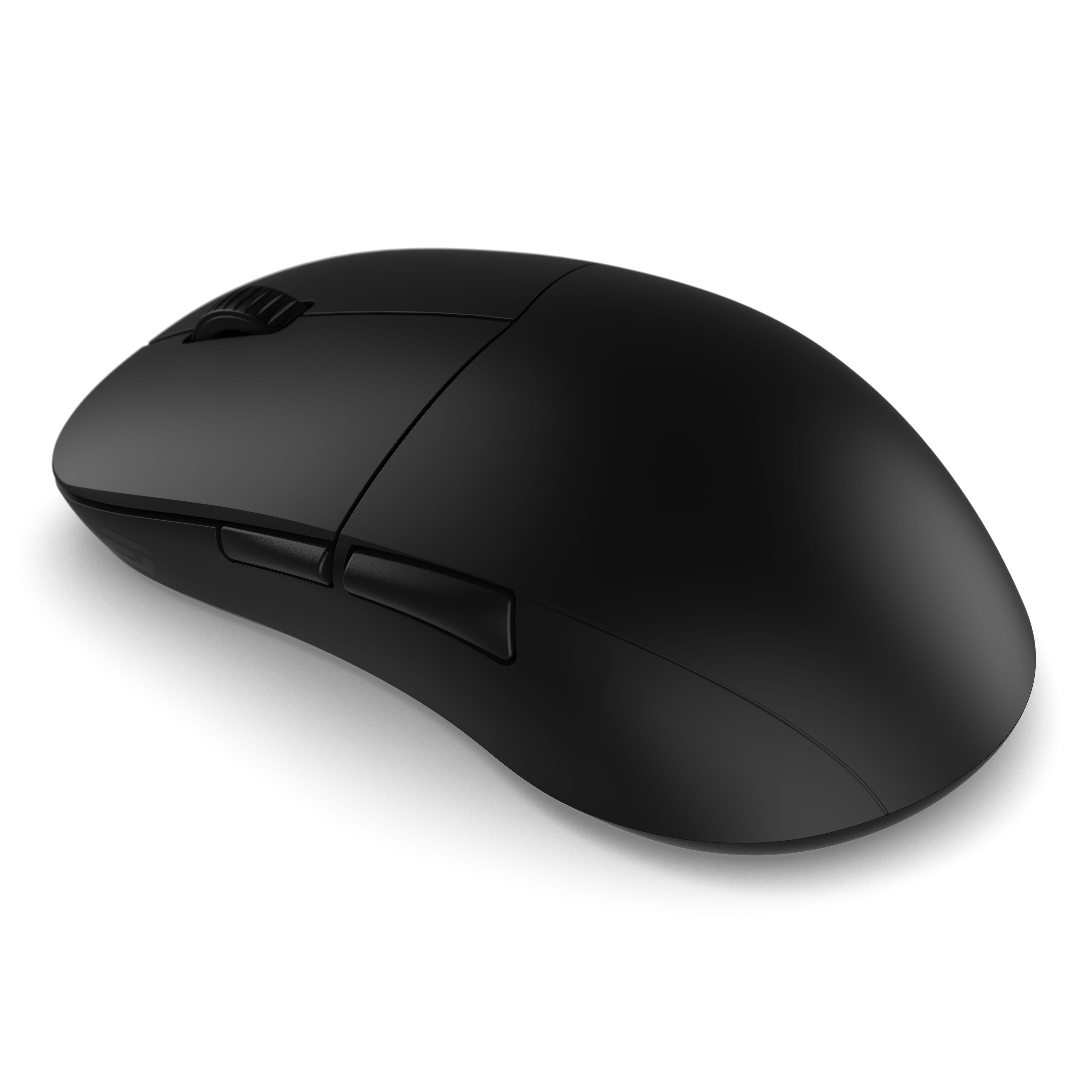 Eine matte schwarze Computermaus mit zwei Tasten und einem Scrollrad vor einem weißen Hintergrund.