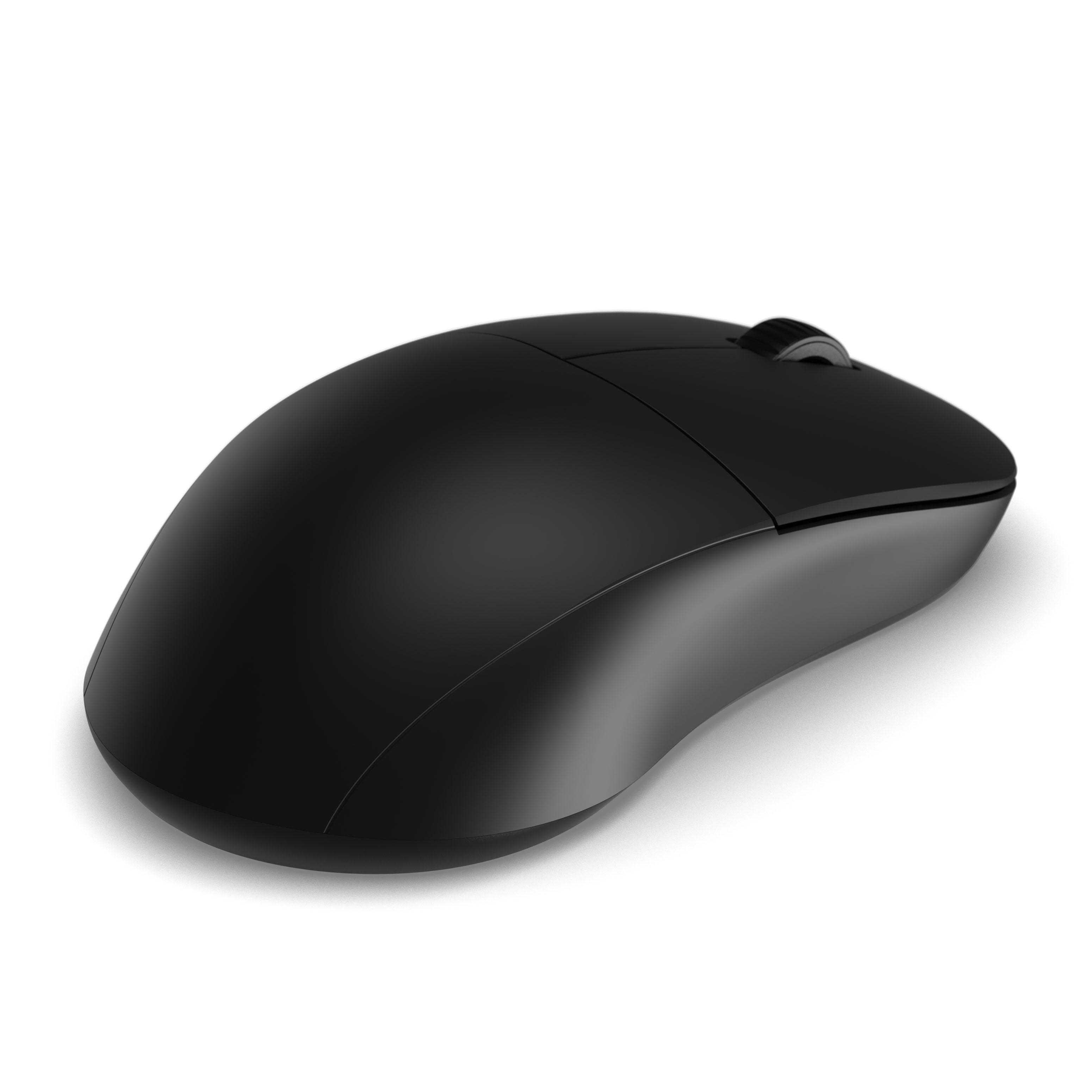 Eine matte, schwarze Computermaus auf weißem Hintergrund mit Scrollrad.