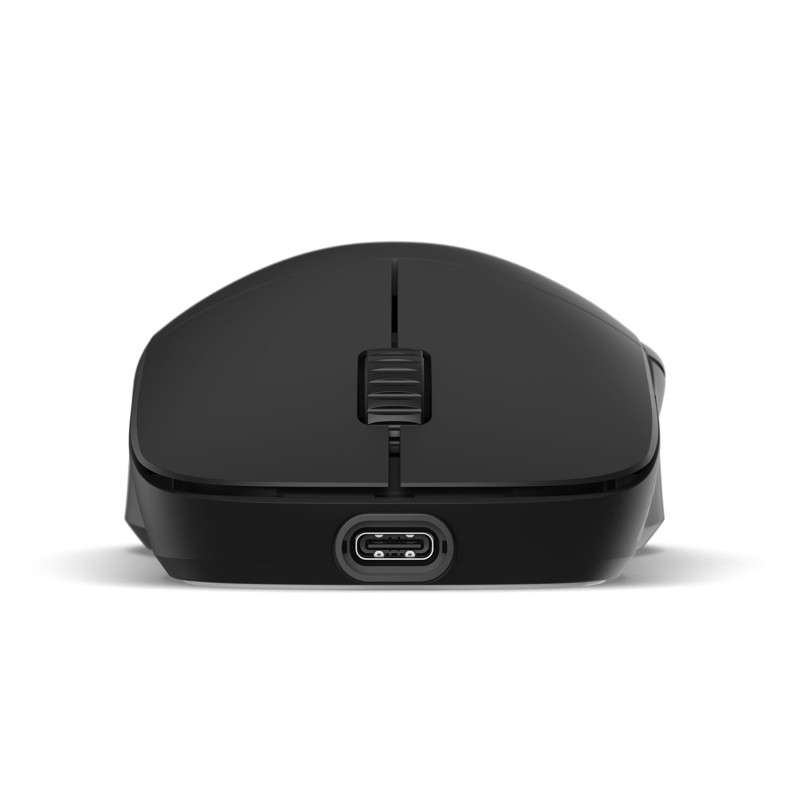 Vorderansicht einer schwarzen kabellosen Computermaus mit einem USB-C-Anschluss an der Unterseite auf weißem Grund.
