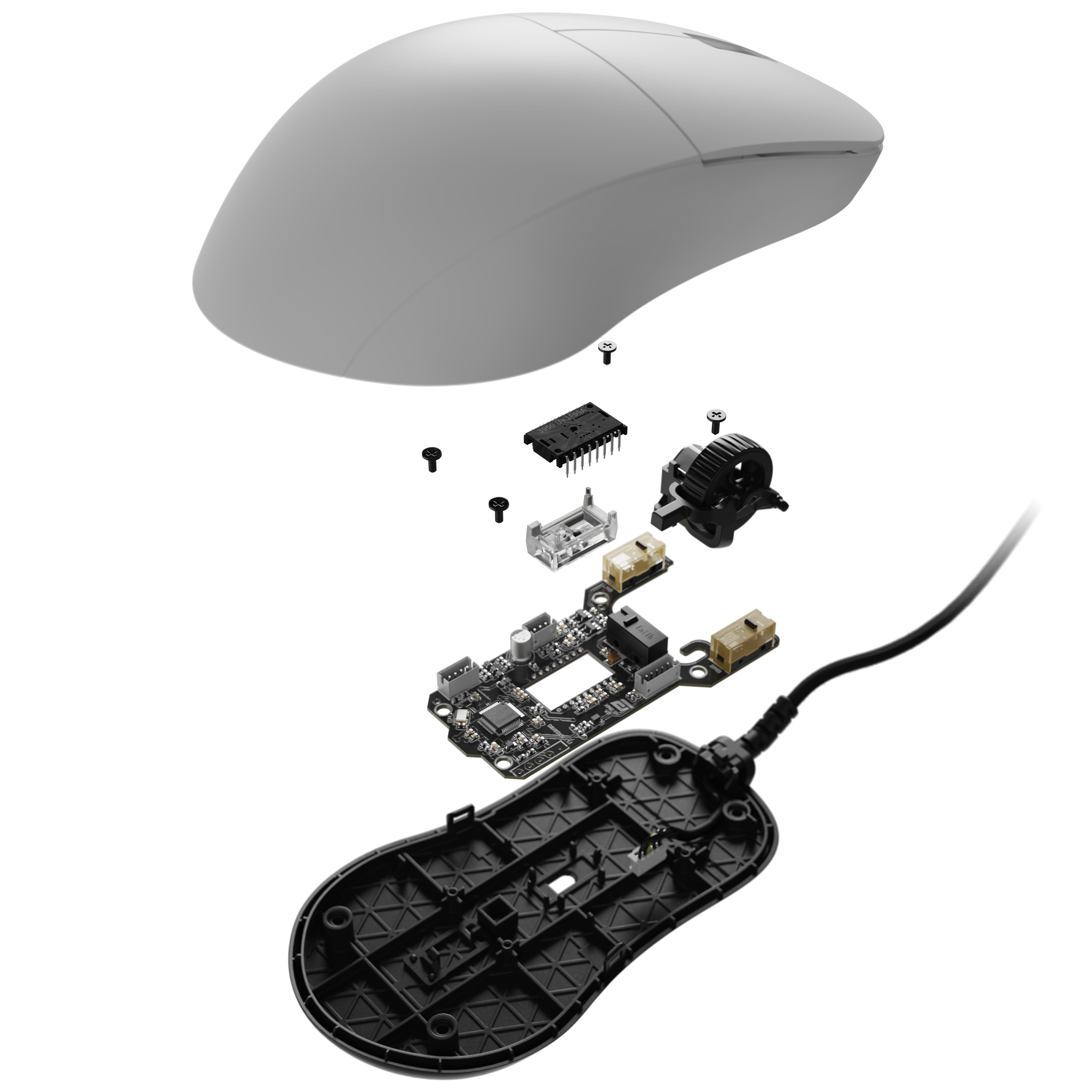 Explosionsdarstellung einer Computermaus mit Gehäuse, Platine, Scrollrad, Chips und Schrauben auf weißem Grund.