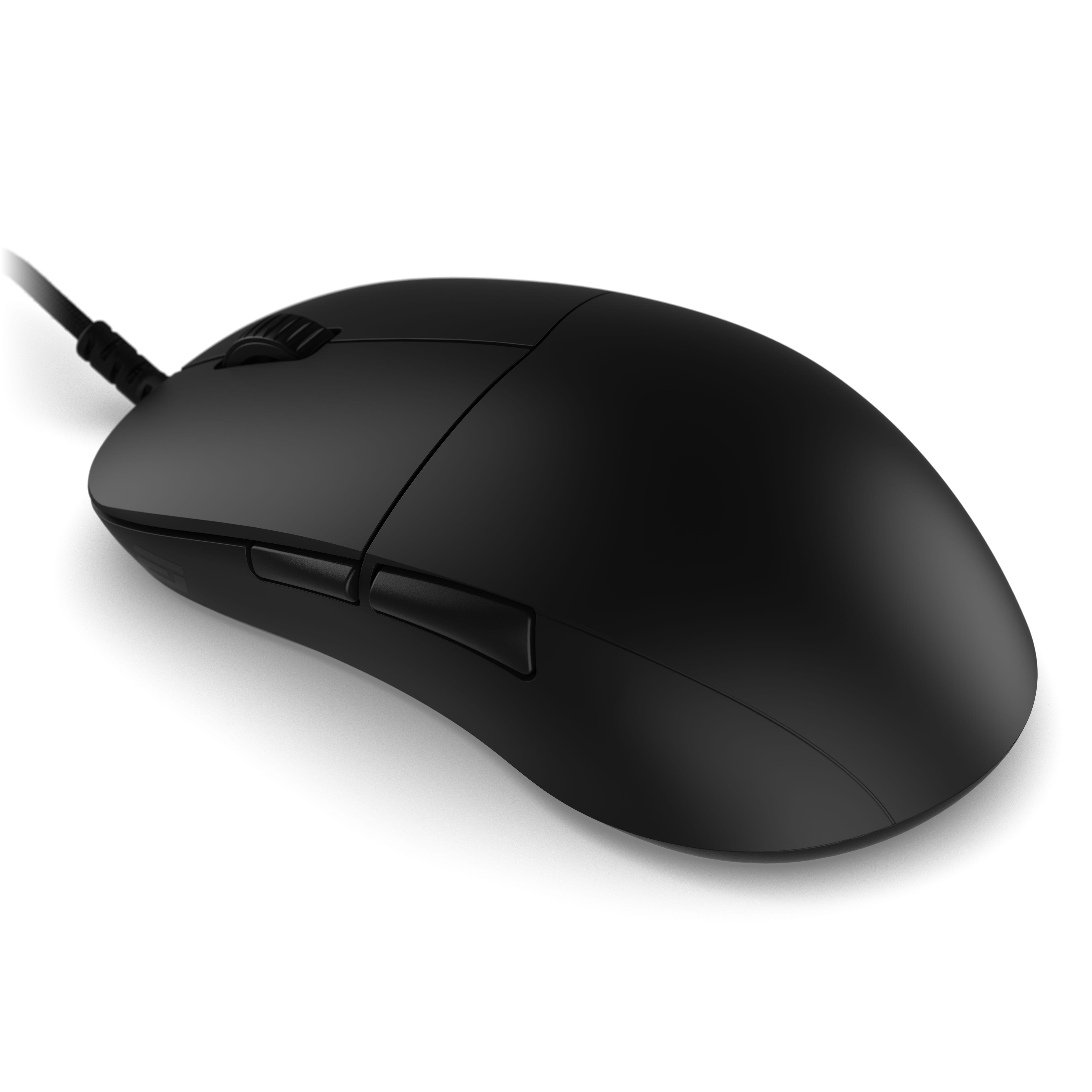 Eine elegante schwarze Computermaus mit Kabel auf weißem Hintergrund.