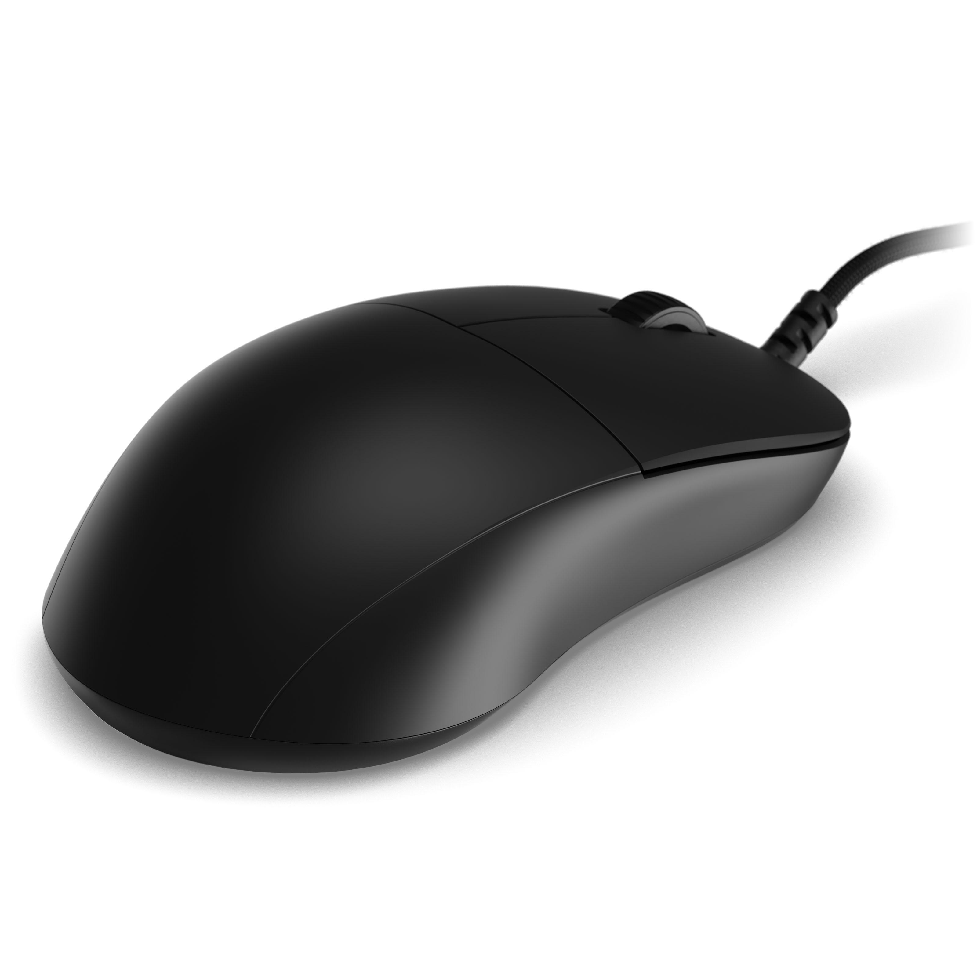 Eine schwarze kabelgebundene Computermaus mit Scrollrad auf weißem Hintergrund.