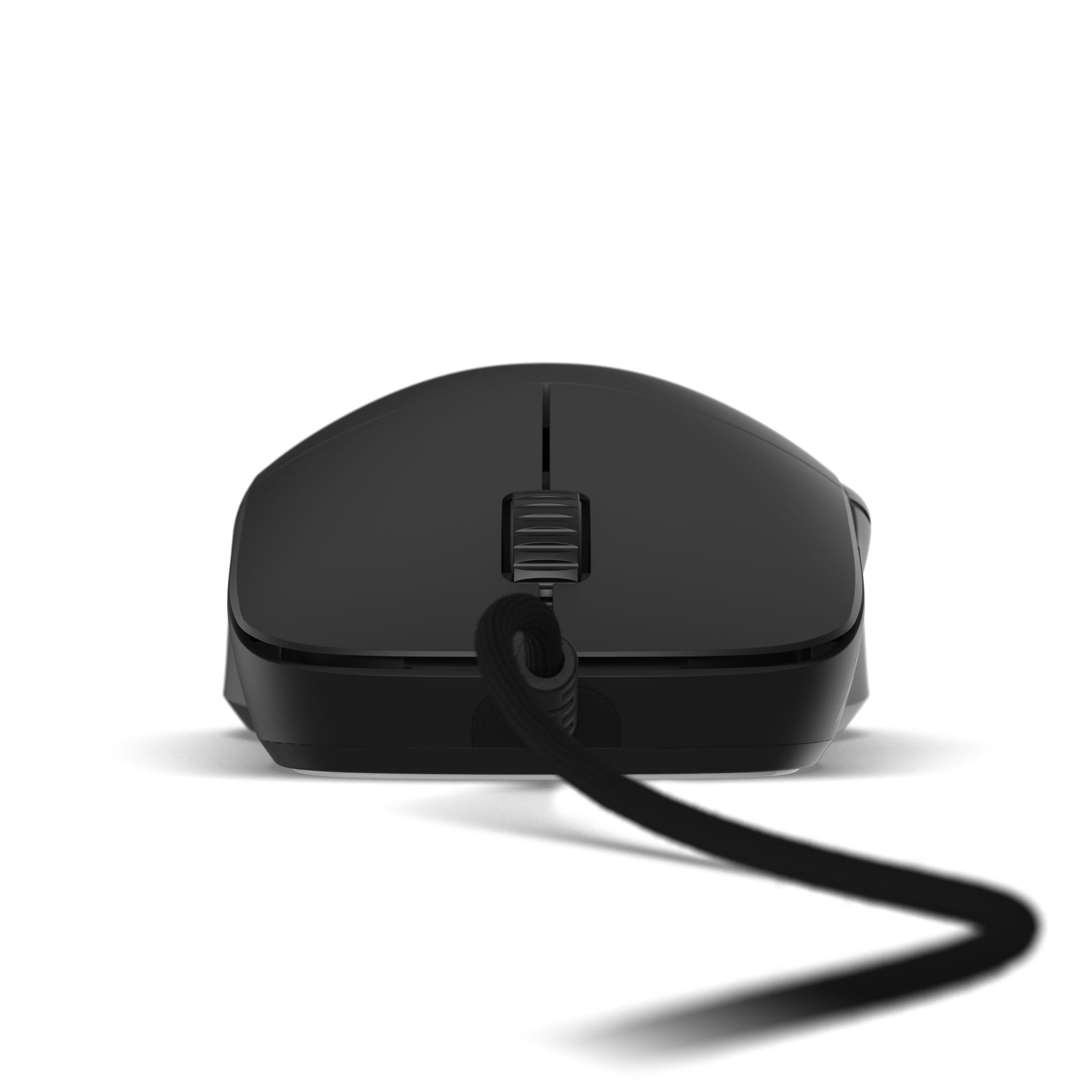 Eine schwarze Computermaus mit Kabel auf weißem Hintergrund, Vorderansicht.