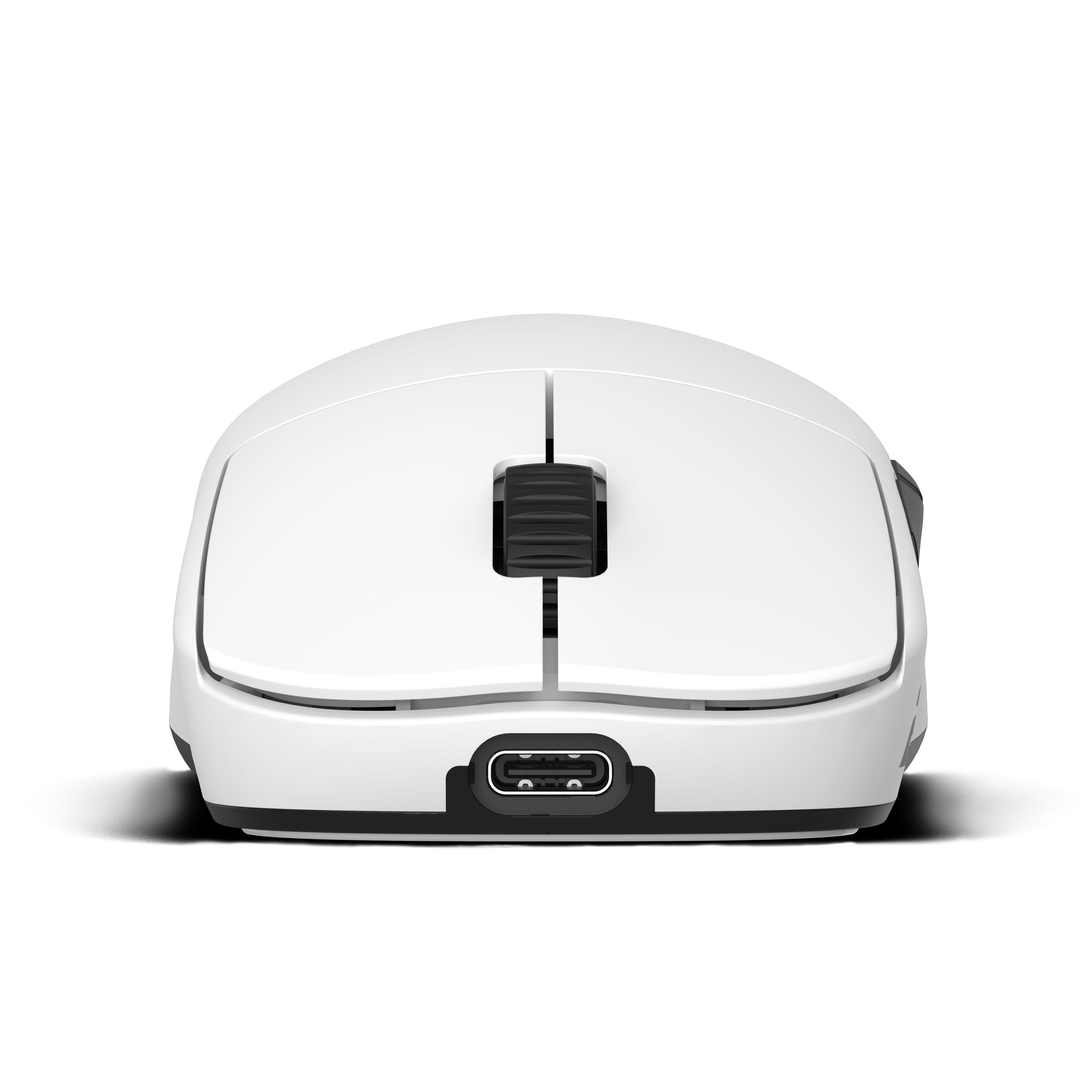 Eine weiße Computermaus von vorne mit Tasten, Scrollrad und USB-C-Anschluss unten.
